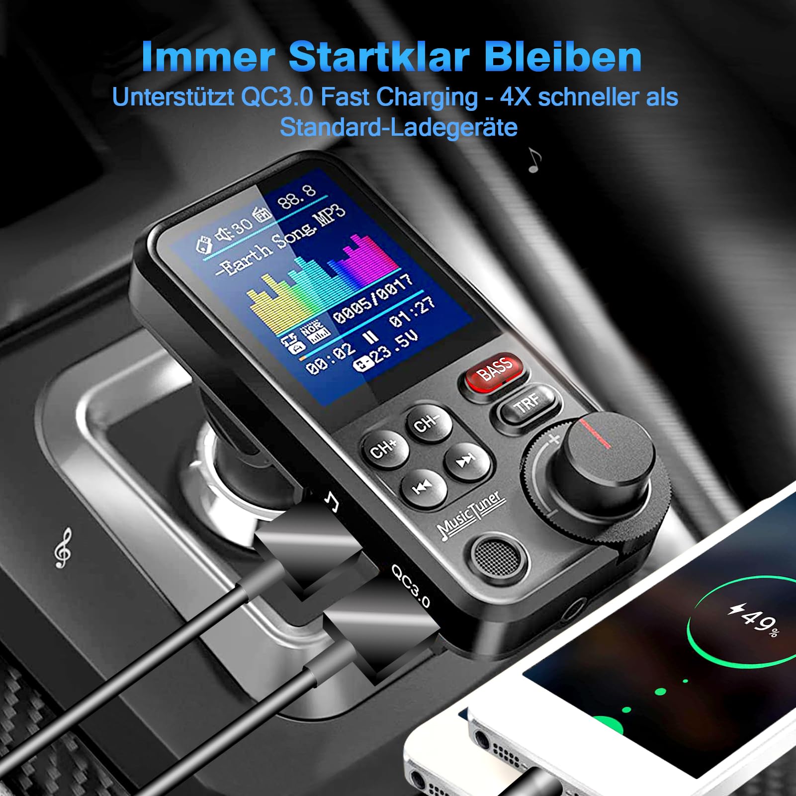 Bluetooth Adapter Auto, FM Transmitter Bloototh, Zigarettenanzünder Auto Player für Car Radio, UnterstüTzung für QC3.0 USB LadegeräT, Bass Musik MP3 Freisprechanlage, 4.5 cm Led Display