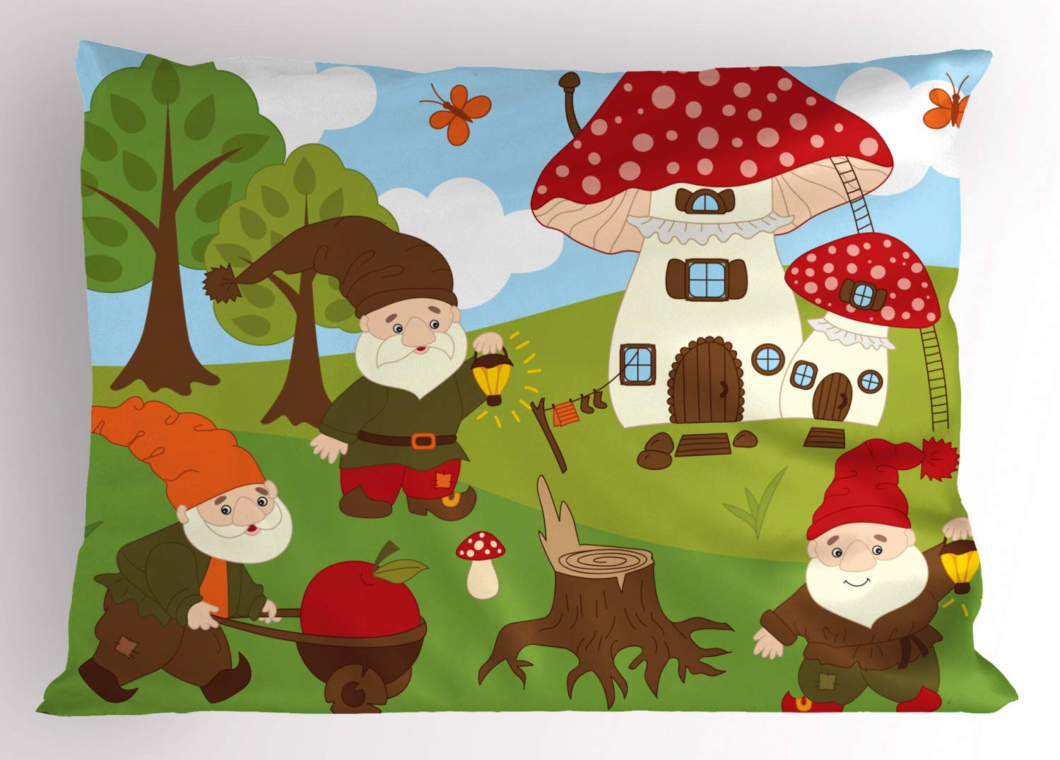 Ambesonne Gnome Pillow Sham, Elves Working in The Garden Amanita House Butterflies Forest Trees Composition, Decorative Standard King Size Printed Pillowcase, 36
