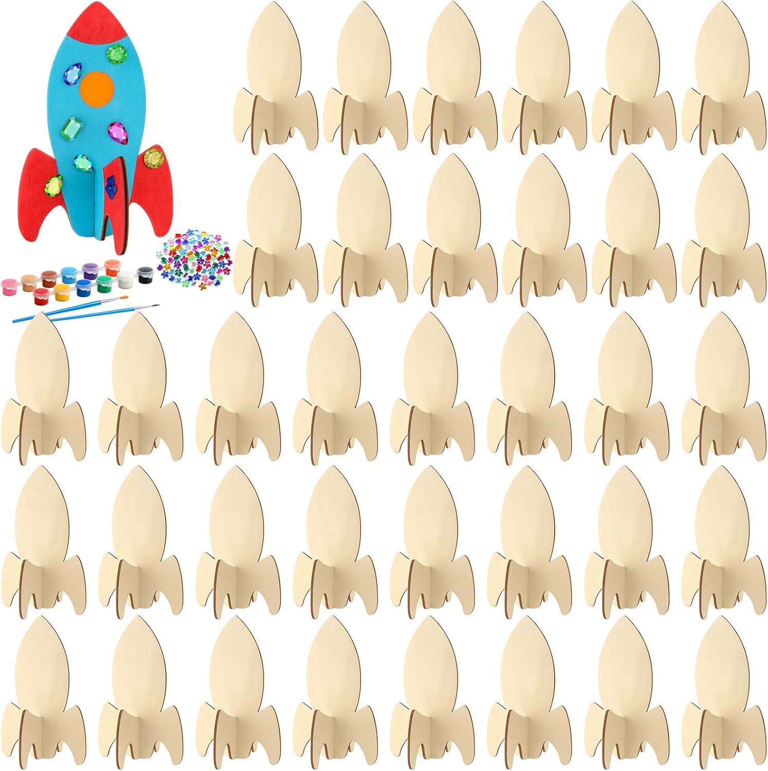 Blueweenly 48 Pcs DIY Wood Rockets Painting Crafts Kits for Kids, Space Wooden Unfinished Cutouts with Art Supplies Party Favors for School Party Activities Decor Birthday Gift Bulk