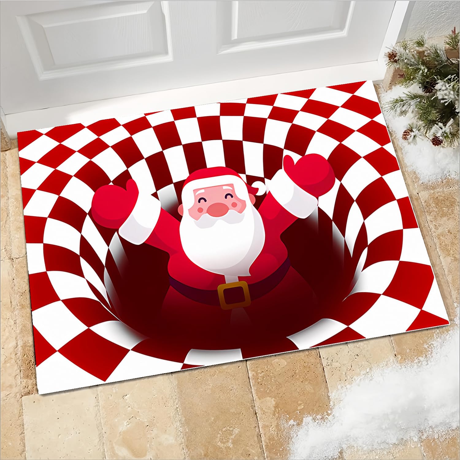 Christmas Door Mat Santa Claus Door Mats 3D Print Funny Red and White Plaid Rug Christmas Non-Slip Entrance Doormat for Kitchen Home Bathroom Carpet Decorations Supplies