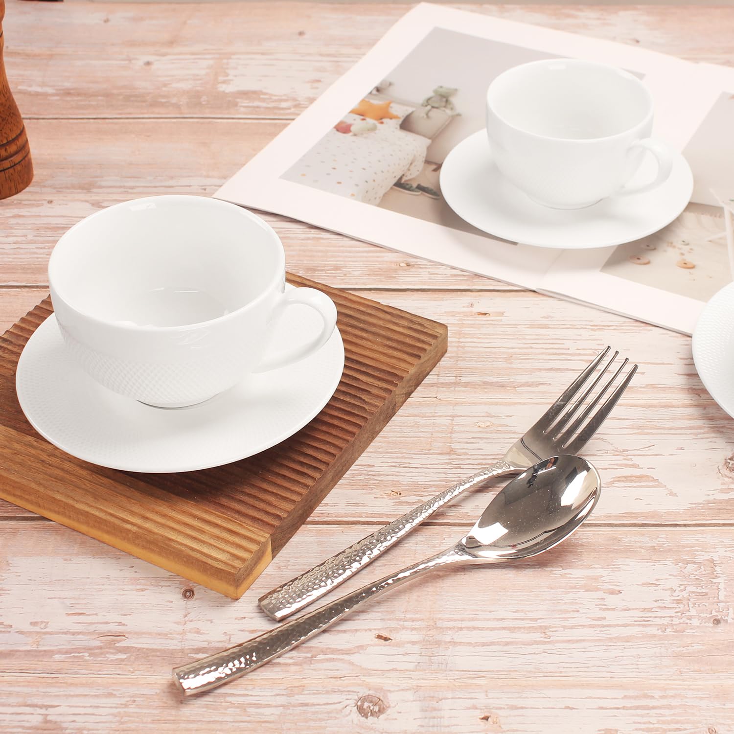Juego de tazas de café, taza de té de cerámica con platillo, tazas de espresso de 8 piezas, tazas apilables, para café con leche, té caliente, capuchino, moca, cacao, lavavajillas, horno,
