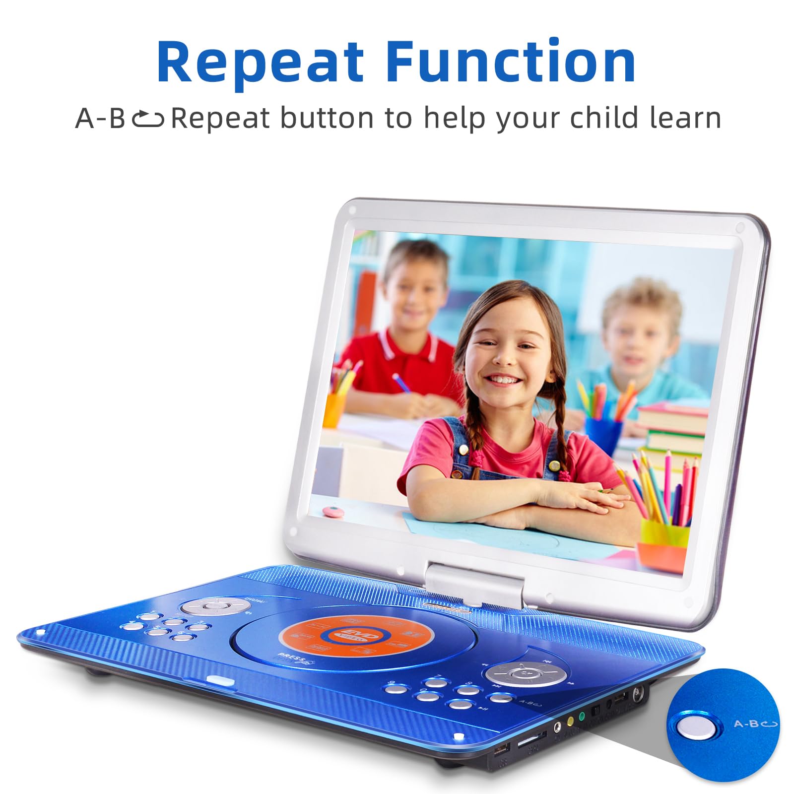 HotHat - Lettore DVD portatile da 16,9 pollici con schermo girevole da 14,1 pollici con batteria ricaricabile da 6 ore per bambini, sincronizzazione TV, supporto