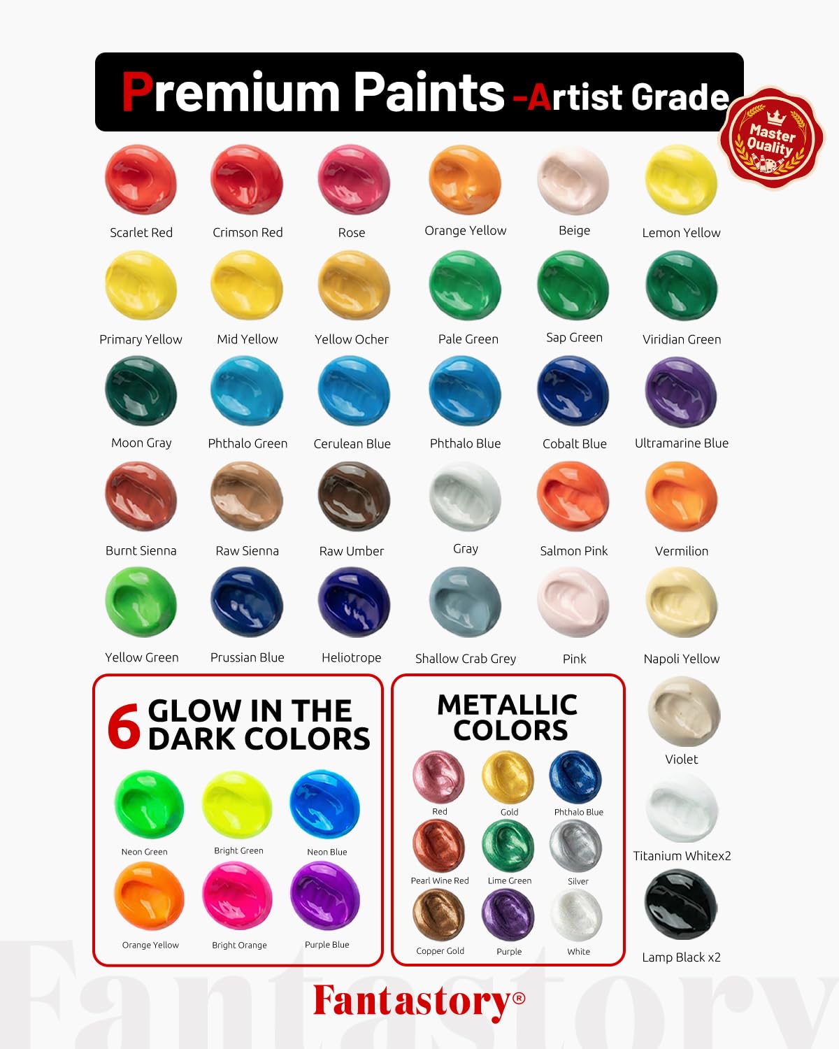 Fantastory Set di colori acrilici, 50 bottiglie da 60 ml + 10 pennelli, impermeabile, non sbiadisce, non tossico, per tela, legno, ceramica, modelli, principianti, studenti d'arte, hobbistica