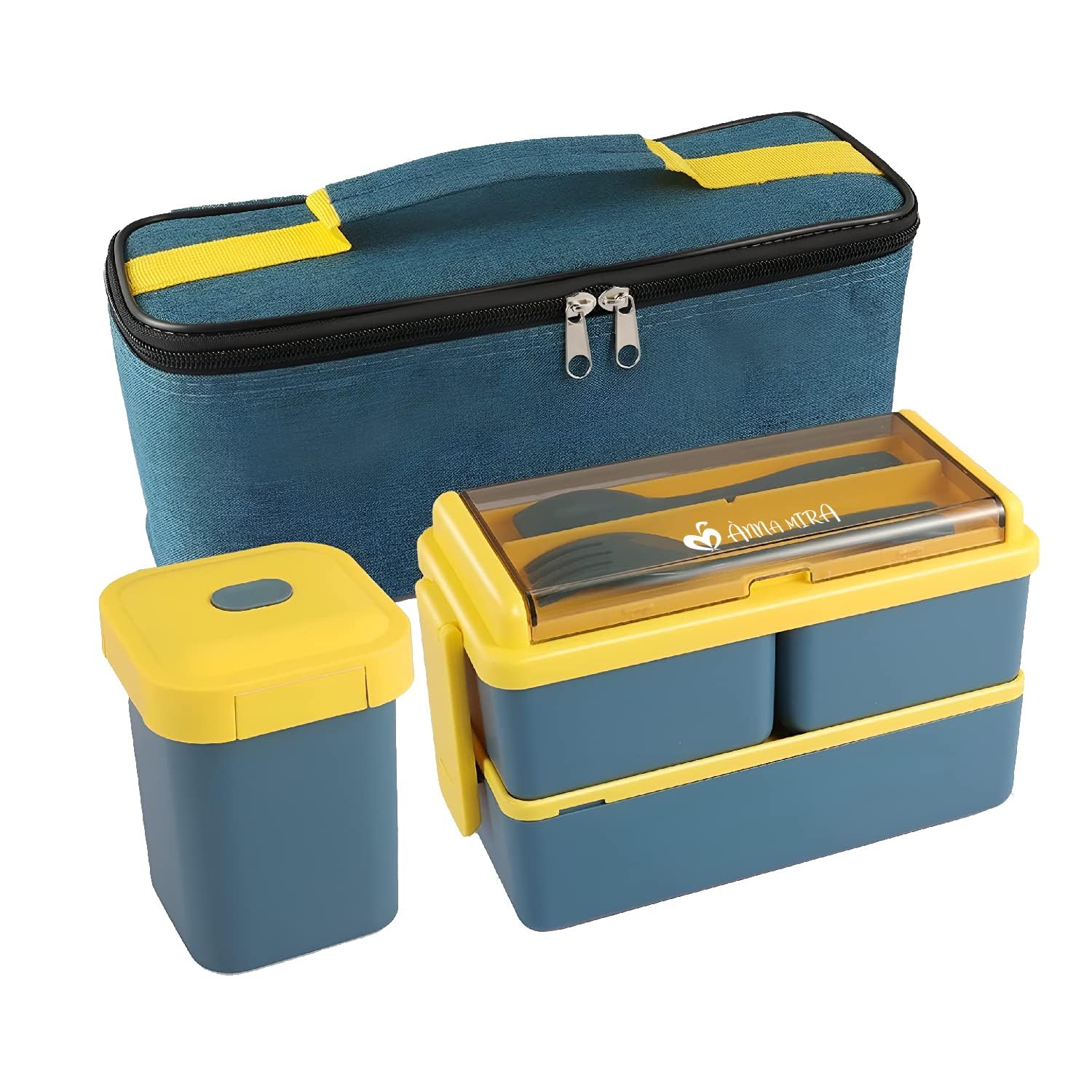 ANNA MIRA Bento Lunch Box + Bag, 2 Layer 3 Compartment Stackable Lunch Box, 1400ml Leakproof Bento Boxes with Removable Compartments for Adults & Kids Microwave Safe (Blue – 19.5x9.2x12.2cm)