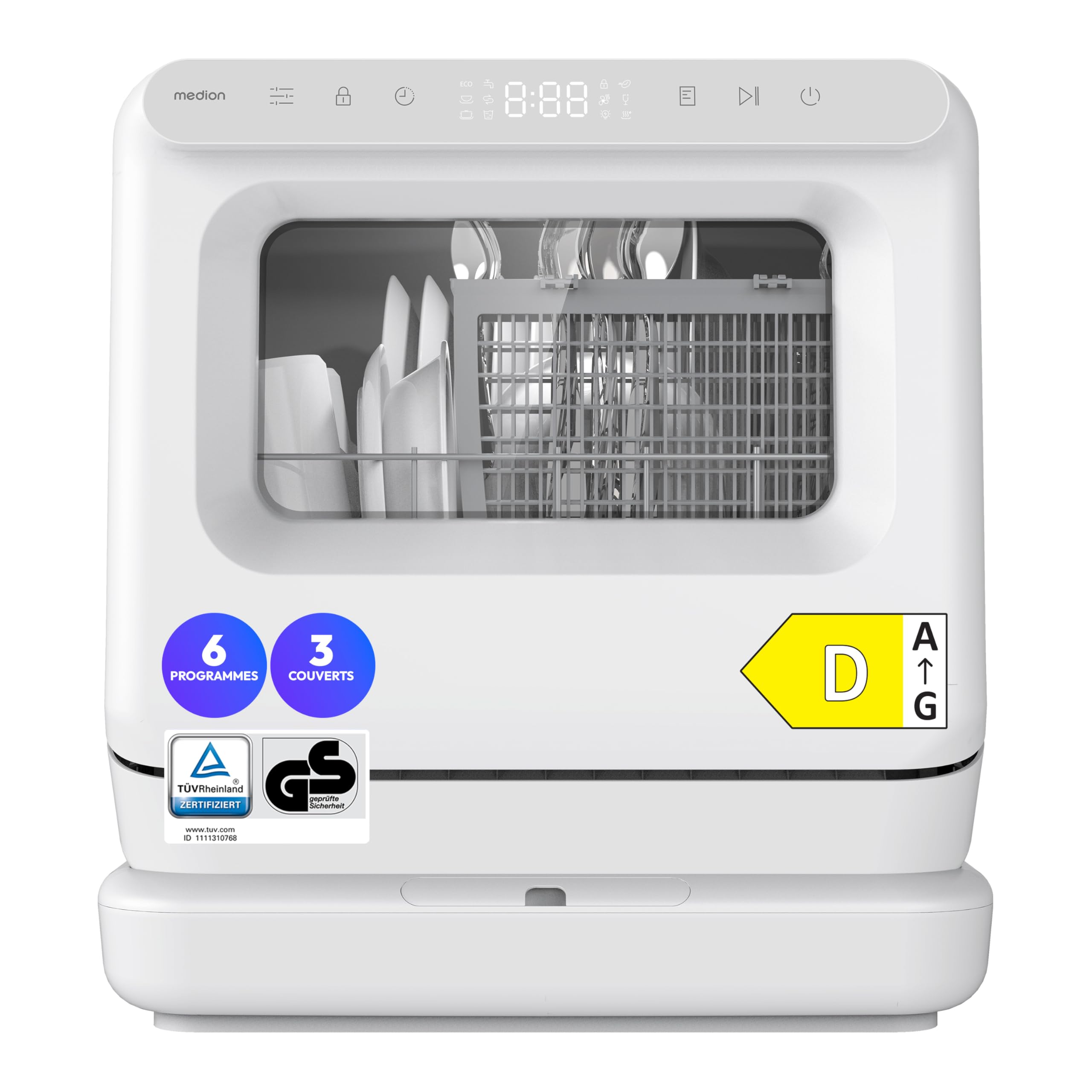 MEDION Mini Lave Vaisselle DWT30, 3 Couverts, Lave Vaisselle de Table, fonctionne avec ou sans raccordement d’eau, 6 Programmes, Lumière UV, Séchage par Ventilation, Écran Tactile, pose libre,