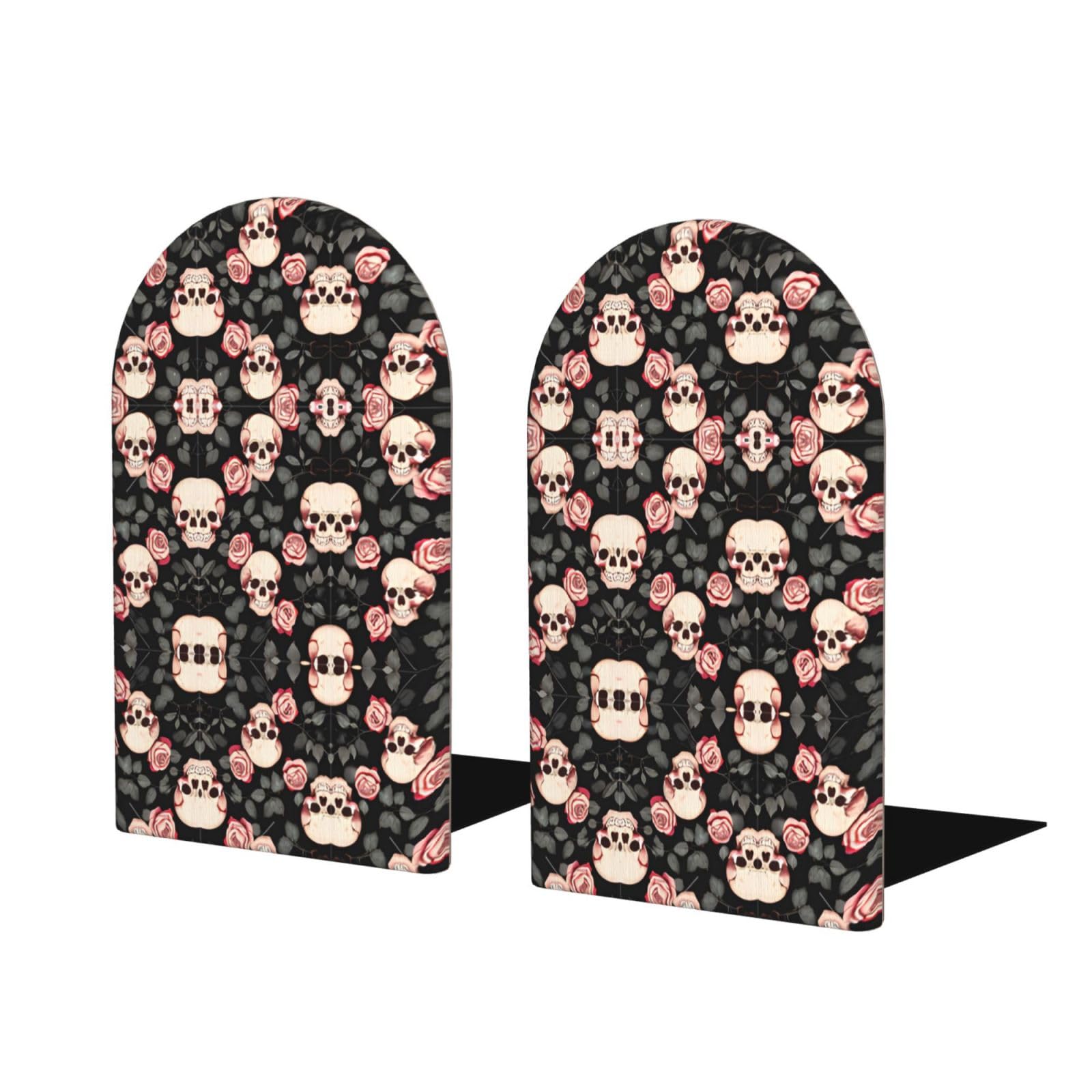 Purple Rose Skull Stylish Bookends with Full-Print Design Durable Wooden and Metal Bookend Set for Home, Office