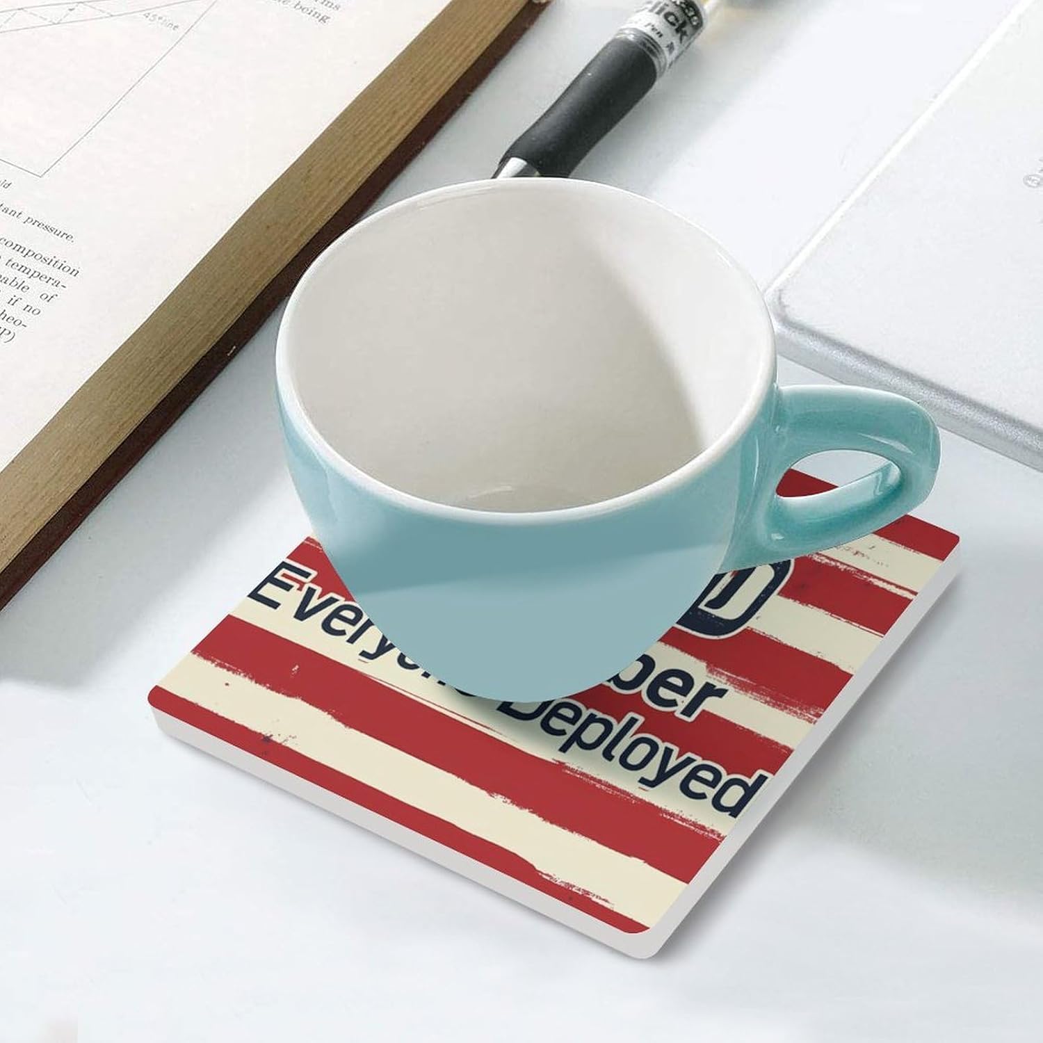 Remember Everyone Deployed Funny Ceramic Coasters for Drinks Absorbent Cup Holder Tabletop Protector with Cork Base