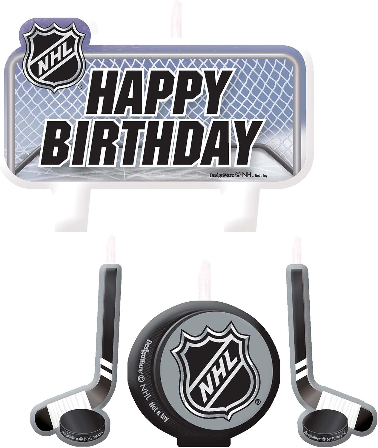 Black and Gray NHL Ice Time! "Happy Birthday" Candle Set - 3 Small (1.25"-2.5") & 1 Large (2.25"x3.37") - Perfect for Hockey-Themed Parties