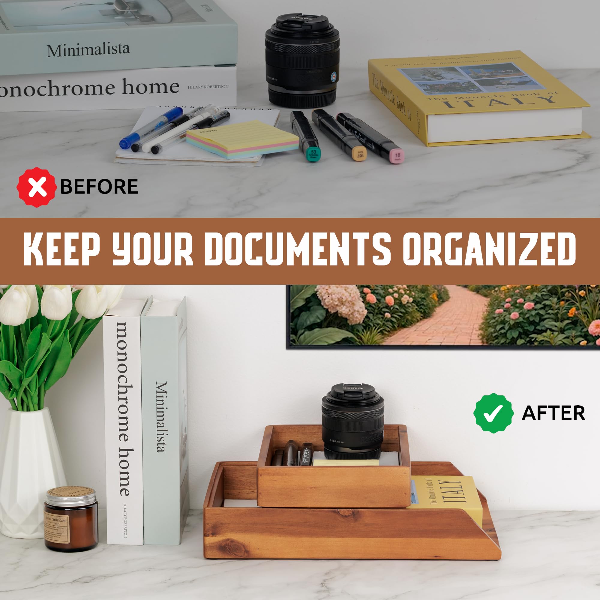 Akazien-Büro-Schubladen-Organizer, 2er-Set, Papier-Briefablage, Aufbewahrungsmappen, Notizbücher, Kopierpapier, Druckpapier, Holz, Schreibtisch, rechteckig, Arbeitsplatzhalter, Schreibwaren-Saver