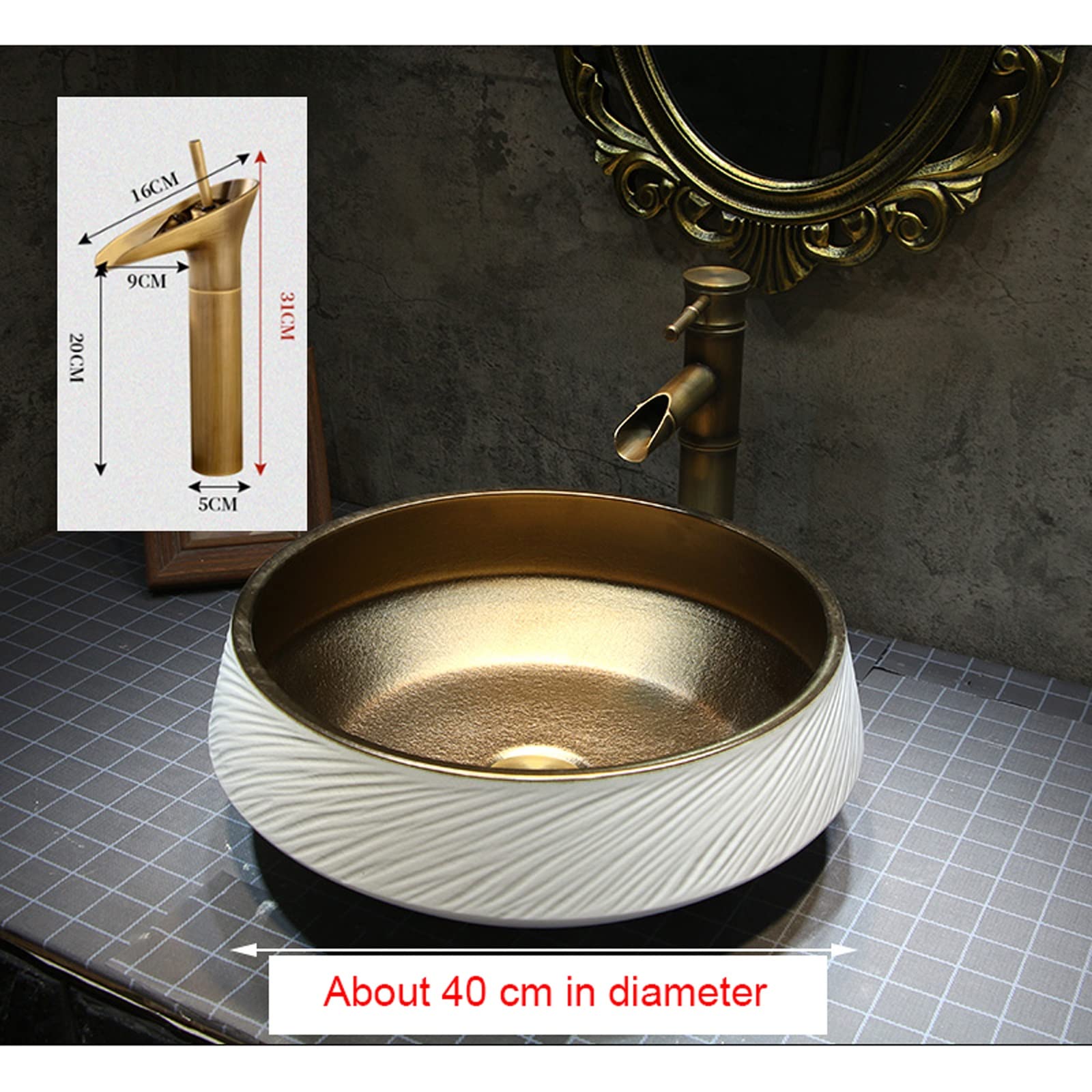Umywalka Łazienkowa Ceramiczna Umywalka Nablatowa Porcelanowa Umywalka Nablatowa Okrągła Umywalka Łazienkowa Ze Złotym Wykończeniem Ręcznie Wykonana Umywalka Nablatowa,With Faucet Set-One Size