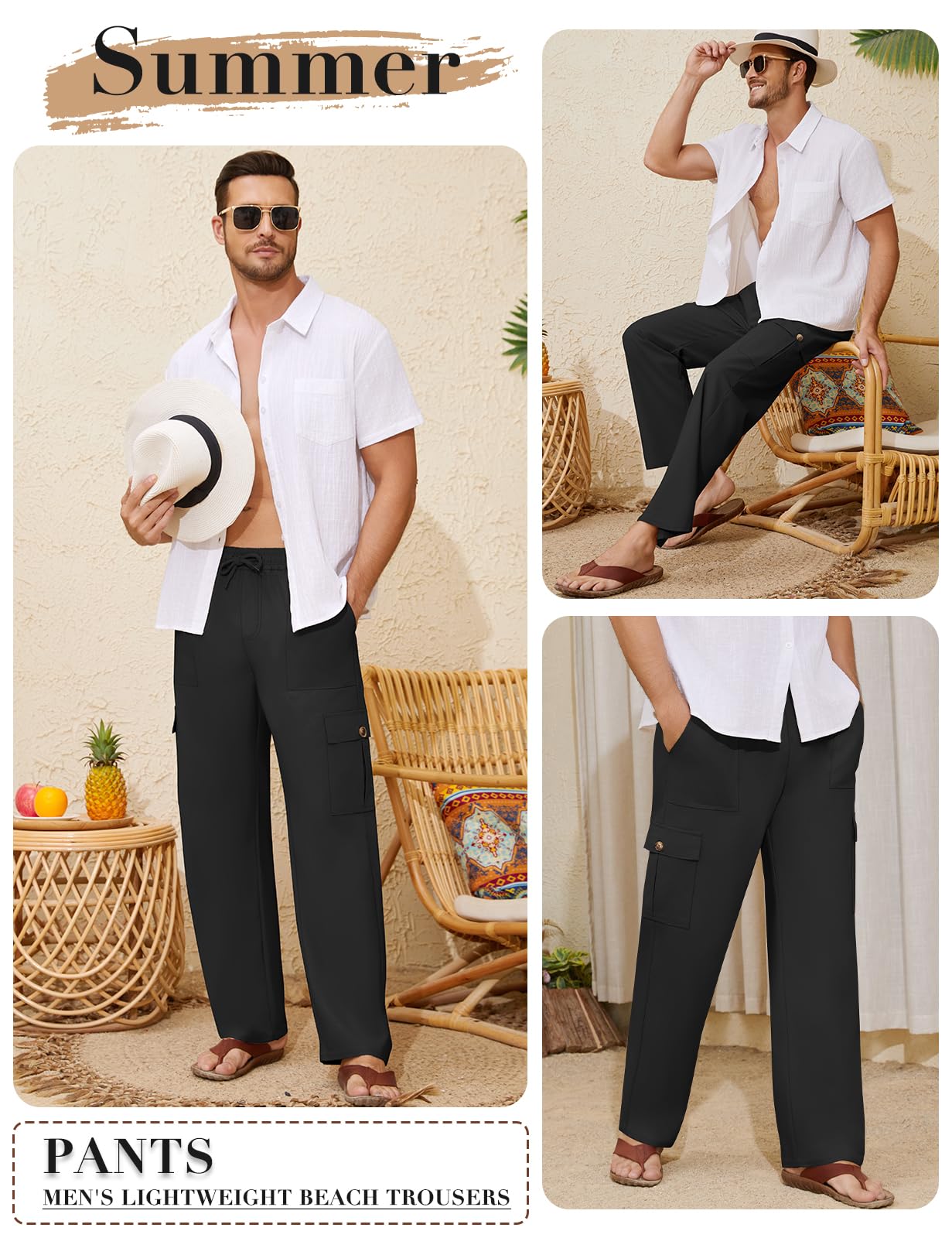 Voqeen Pantaloni Lino Uomo Estivi Pantalaccio Uomo Estivo Casual Pantaloni Elasticizzati in Vita con Tasche Cargo Pantalone di Lino Leggeri da Spiaggia Larghi