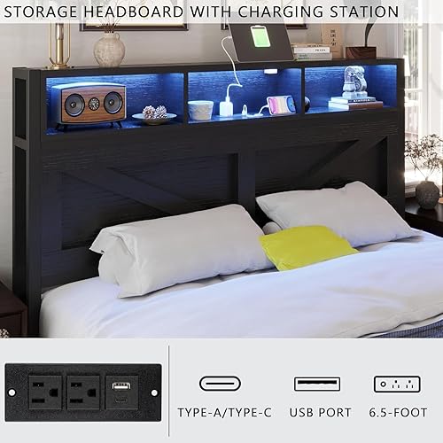 Miniatura 6 de Marco de cama Queen de granja con cabecero de estantería y cajones de almacenamiento, luces LED y estación de carga, no necesita somier, sin ruido,