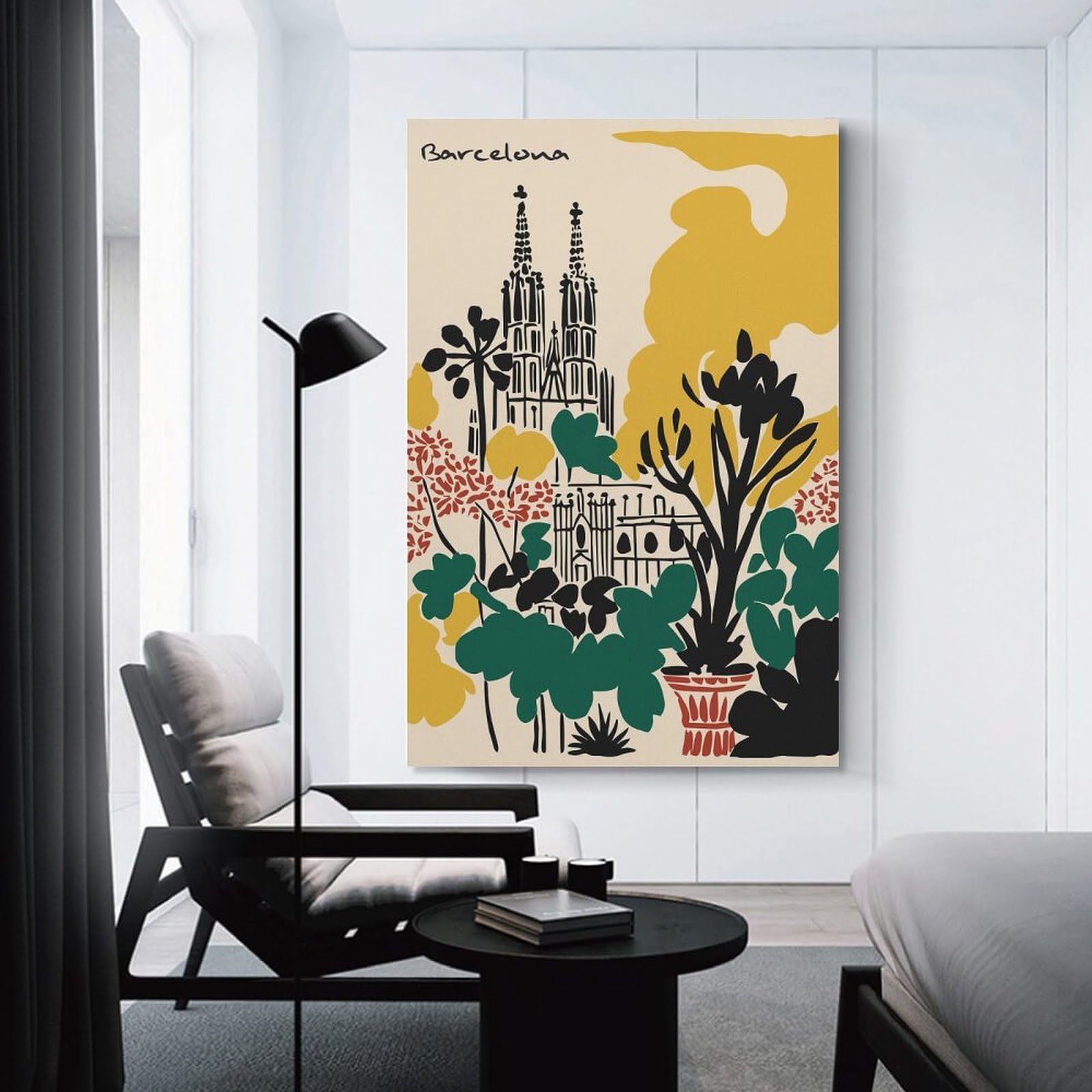 Junmoney Barcelona Cityscape with Floral Elements Home Decor Wall Art, 20x30inch(50x75cm), for Living Room, Bedroom Or Home Office, Home Decor Gift with Stylish Appeal
