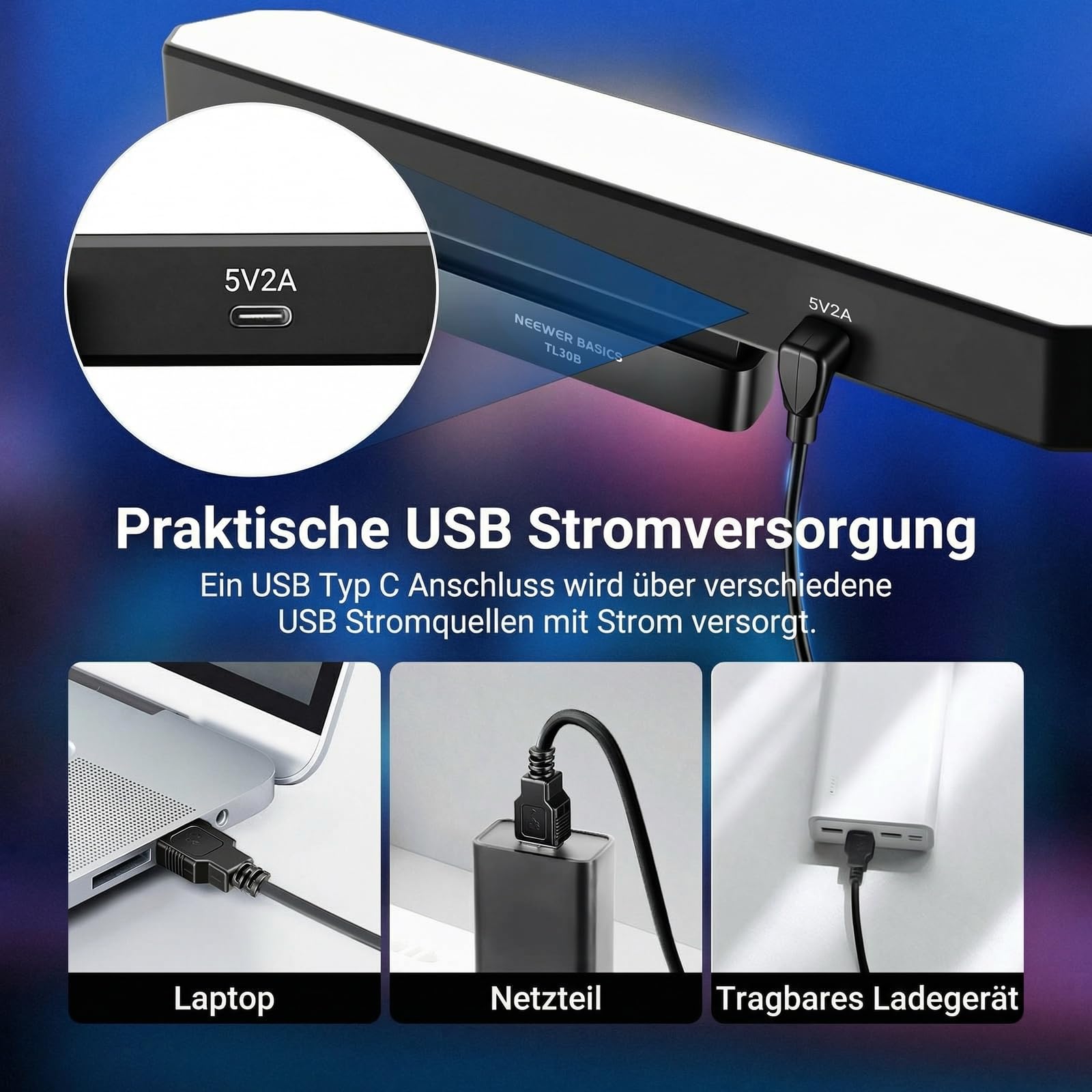 NEEWER Basics LED Kinn Fotolicht CRI95, 6W, zweifarbig, tragbares Tisch Selfie Licht, USB betrieben, für TikTok Streaming, Laptop Videokonferenzen, Stativaufnahmen, Reisen, Makeup, TL30B