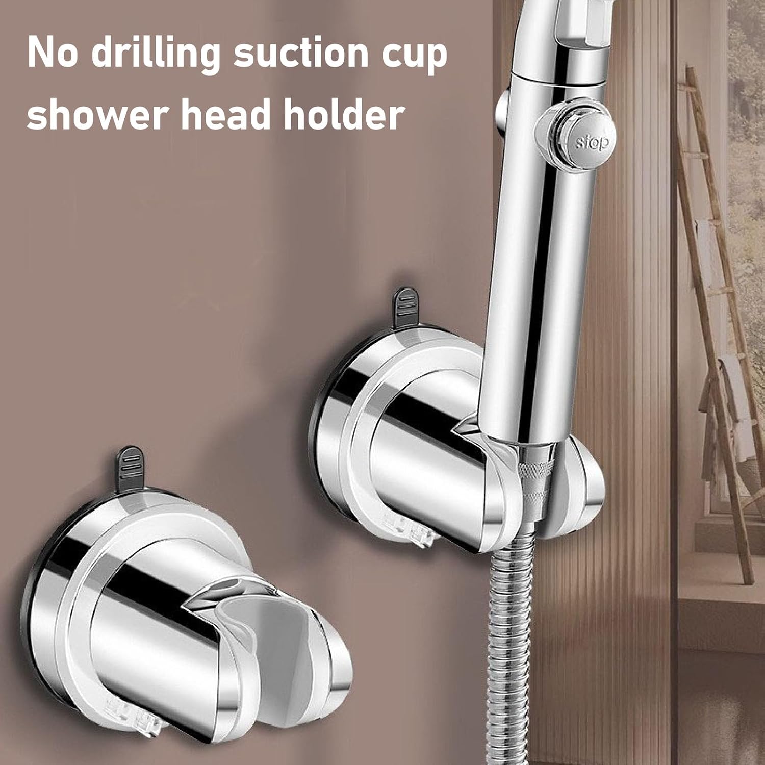 Water Removable Wall Mount Bracket with Height Adjustable, Strong Adhesive Grip Suction Cup Shower Head Holder, No Drill Installation for Bathroom, Press Holder