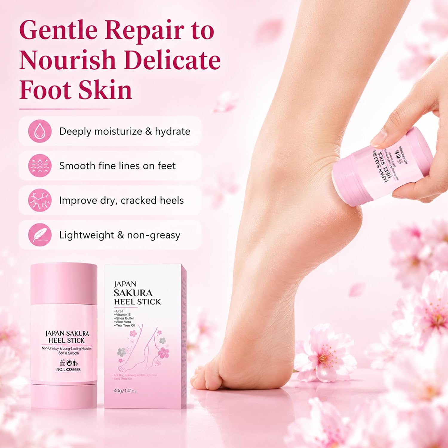 2PCS Japan Sakura Foot Heel Stick, Moisturizing Foot Balm with Shea Butter Vitamin E Aloe Vera, Hydrate Soften Dry Cracked Feet Heels, Multi‑Use for Hands Elbows Knees, Sakura Scent 1.4 Oz