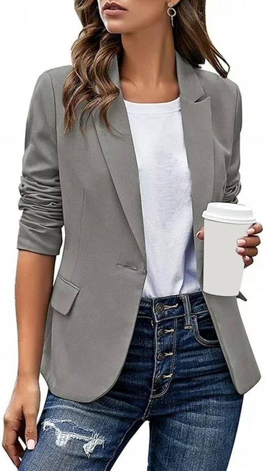 L9WEI Veste élégante pour femme - Style business - Style décontracté - Couleur unie - À manches longues - Open Front - Automne, café, S