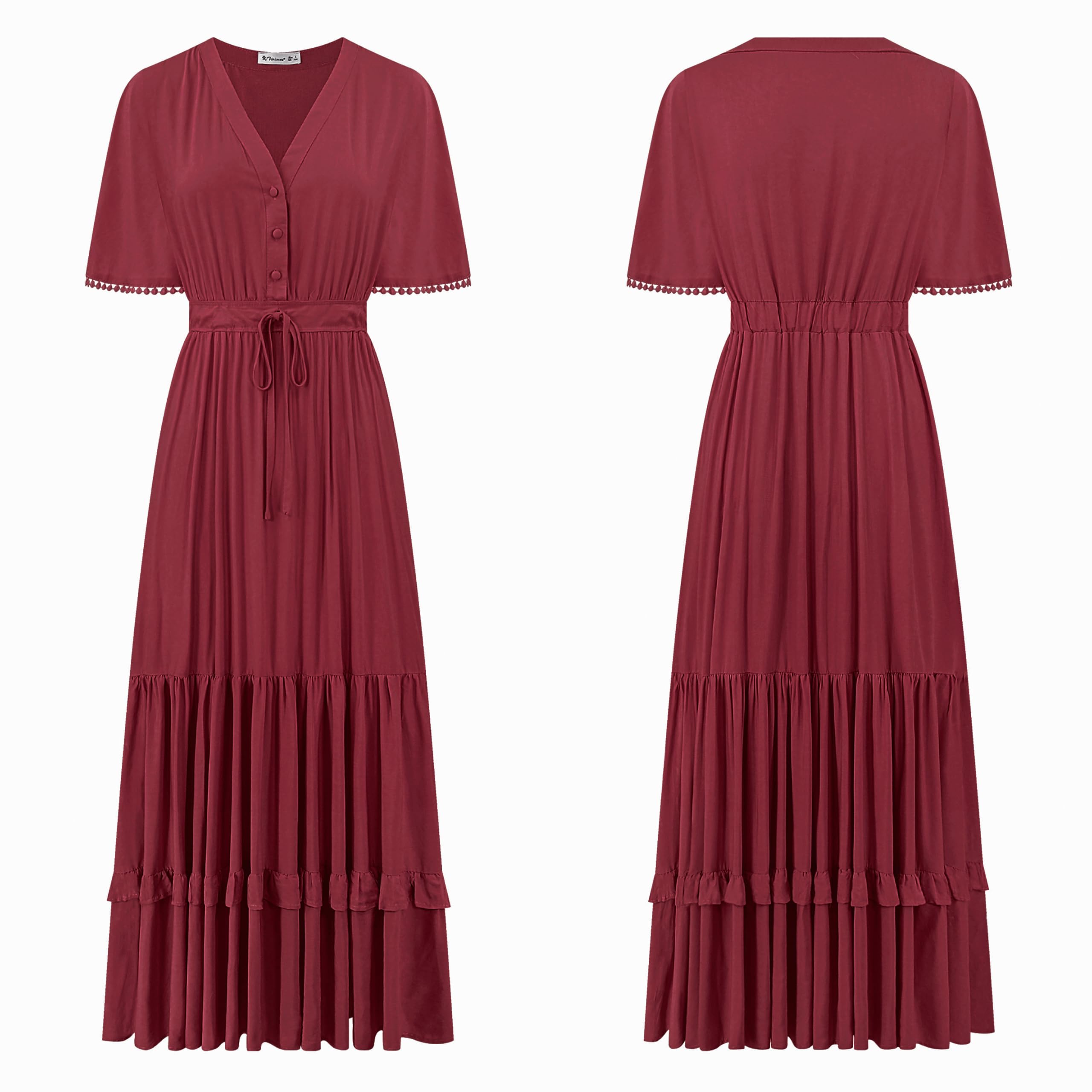 R.Vivimos Abito Boho Estivo Donna Abito Sexy Scollo a V Bottoni Manica Corta Vestito Elegante con Volant Orlo Abito Lungo Maxi da Spiaggia Casual per Le Vacanze(S,Vino Rosso)