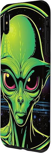 Vista 14 de iPhone 15 Pro Max Cute Green Alien Head UFO Space Face Alien Case