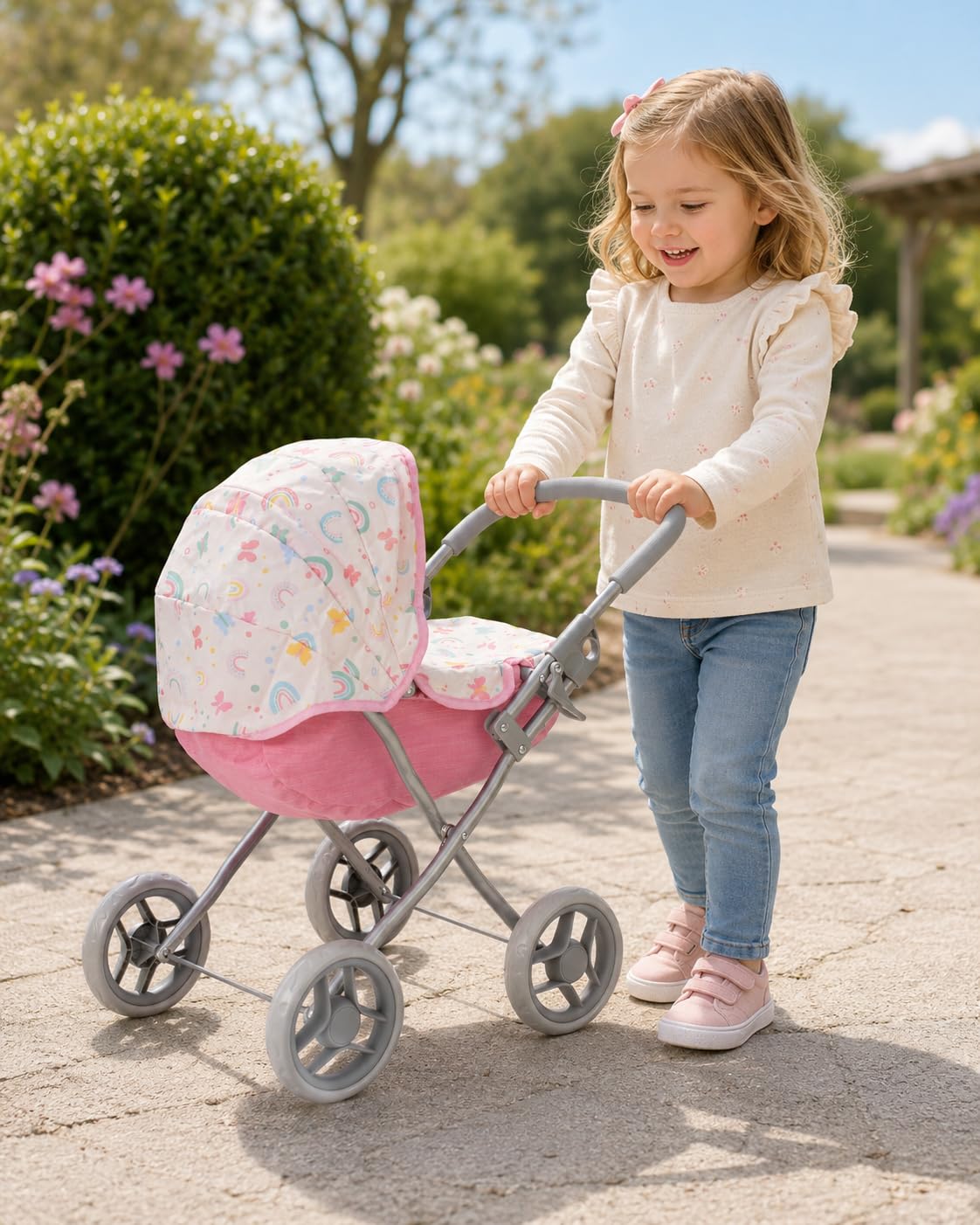 Bayer Chic 2000 Puppenwagen Lilli Schmetterlinge | Klassischer Kinderwagen | Klappbarer Puppenwagen im edlen Design. 55 cm Schieberhöhe, verstellbares Verdeck & ideal für Puppen bis 41 cm.