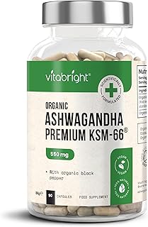 Organic Ashwagandha KSM-66 Capsules - 550mg (Highly Concentrated 10:1 Extract Ratio Equivalent to 5500mg) - with 5% Withanolides - 90 Vegan Capsules - Natural Ayurveda - Made in UK by VitaBright