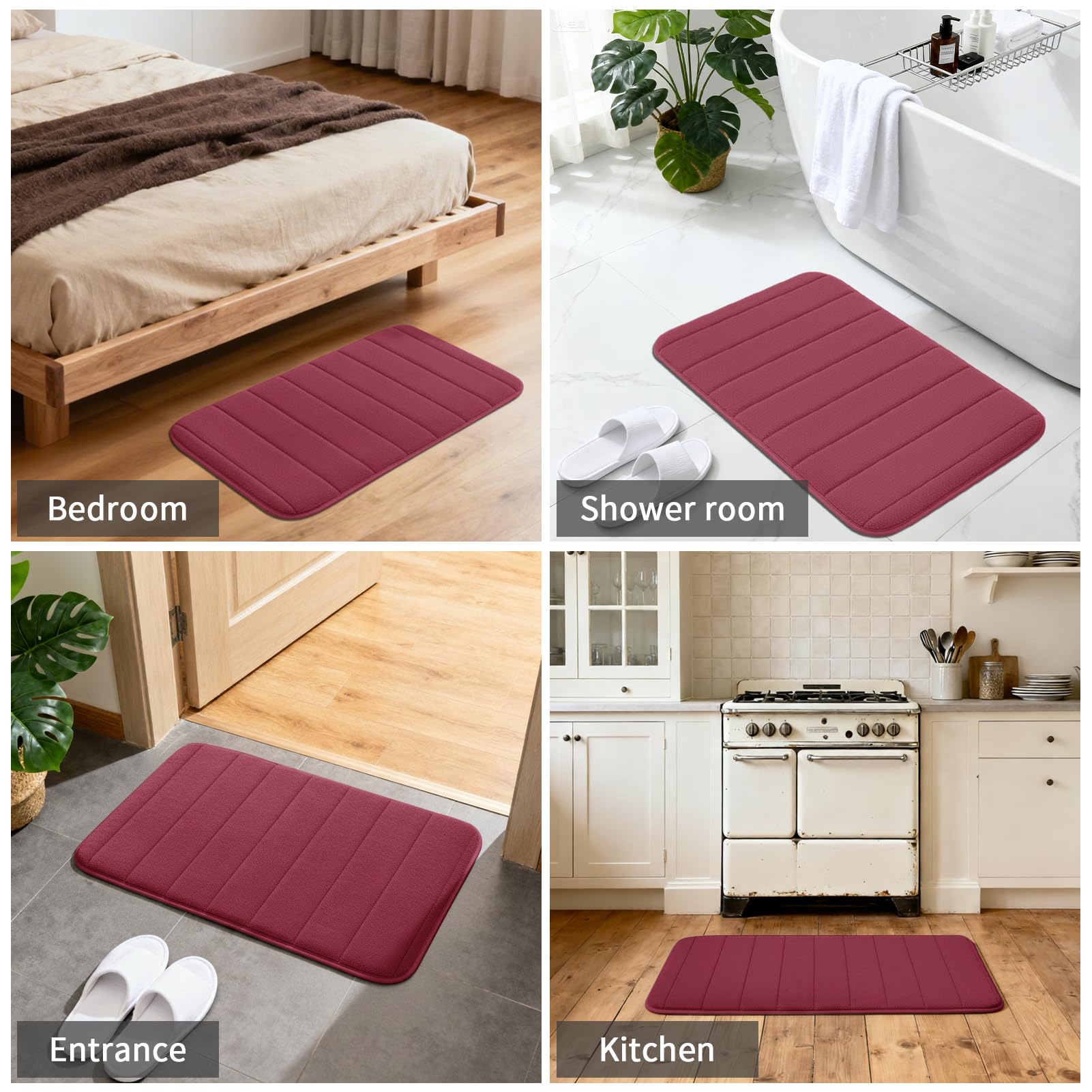 Set di 3 tappetini da bagno in memory foam, con retro antiscivolo in PVC, assorbe l'acqua, lavabile in lavatrice, tappeto da doccia per pavimento del bagno, rosso
