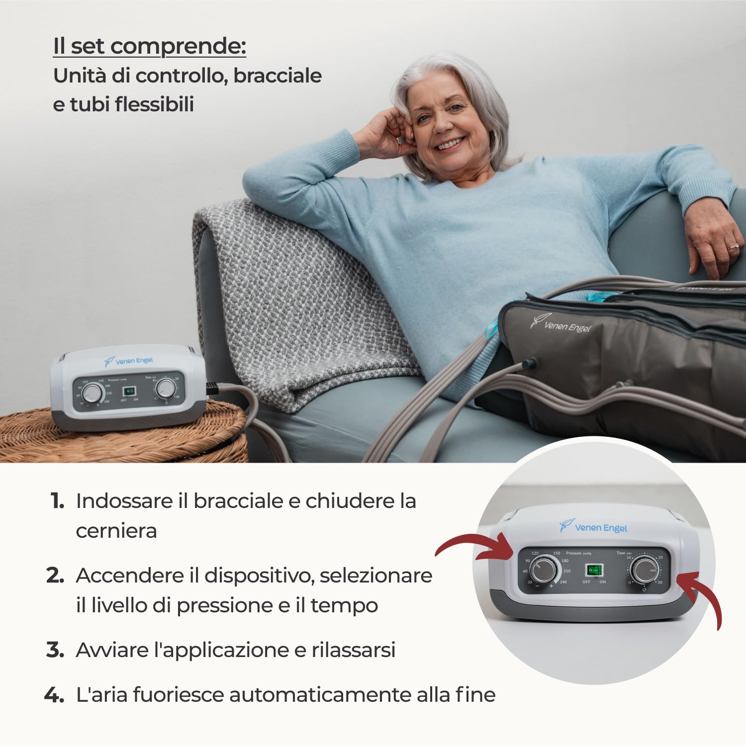 Apparecchio per massaggio a impulsi VEIN ANGEL :: massaggio a scorrimento con 4 camere d'aria :: Facile da maneggiare e con servizio di assistenza da 10 e lode