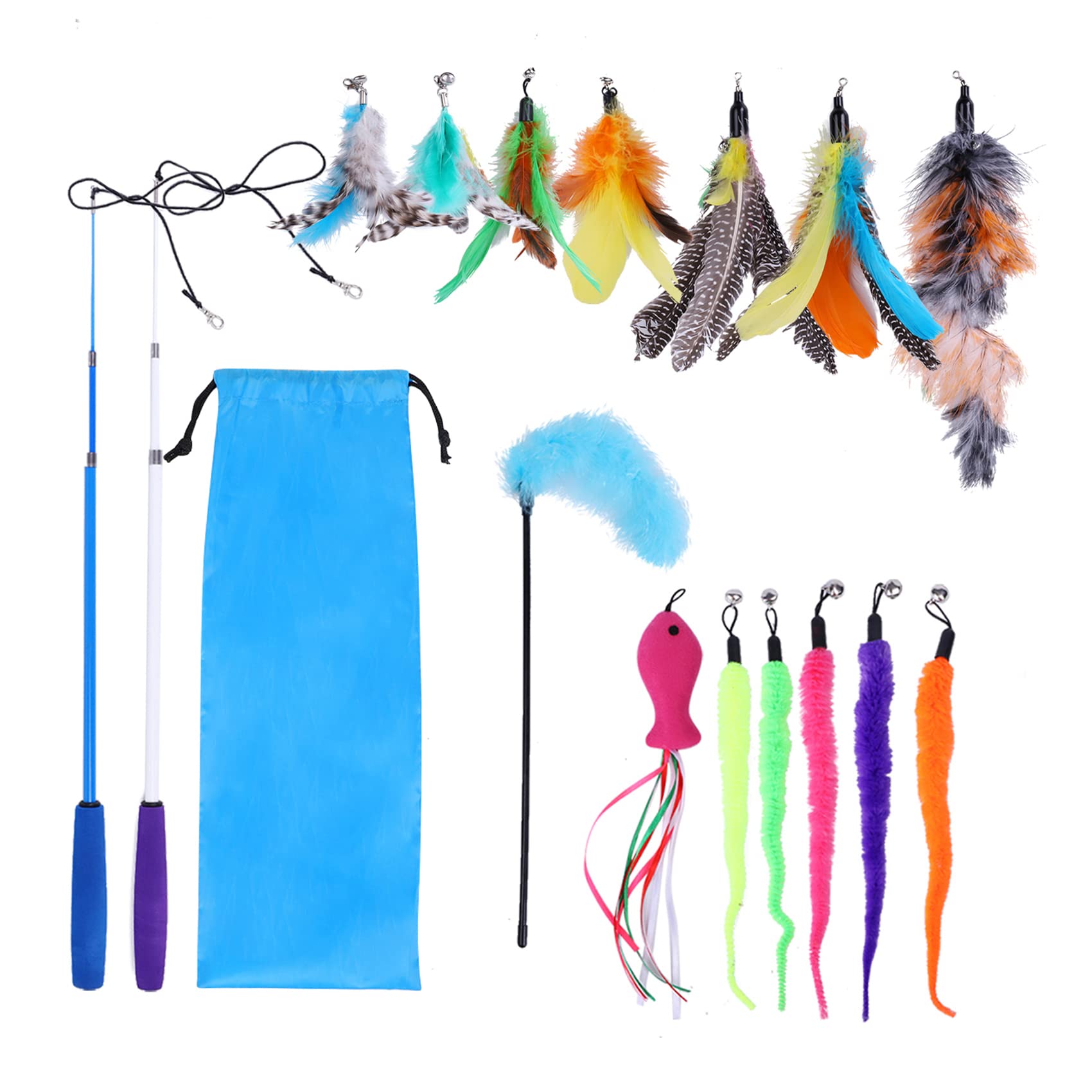 Toozey Federspielzeug 16 Stück, Katzen Spielzeug mit 2 STK versenkbare interaktive Katzen Rods und 14 STK Feder/Bug/Fisch Ersatz mit Glocken, Feder Dangler Katzenspielzeug mit Aufbewahrungstasche - Blau Aufbewahrungsbeutel Set