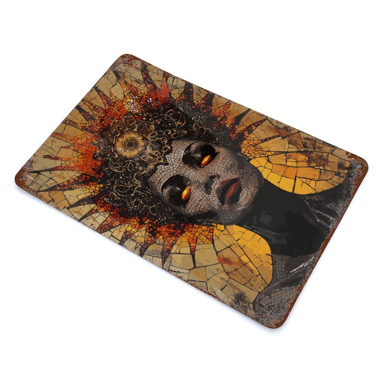 Rustic Tin Plaque with Queen of Fire Mosaic Design 11.8"x7.9", for Cafe, Home Bar And Lounge Decor, Industrial Home Decor