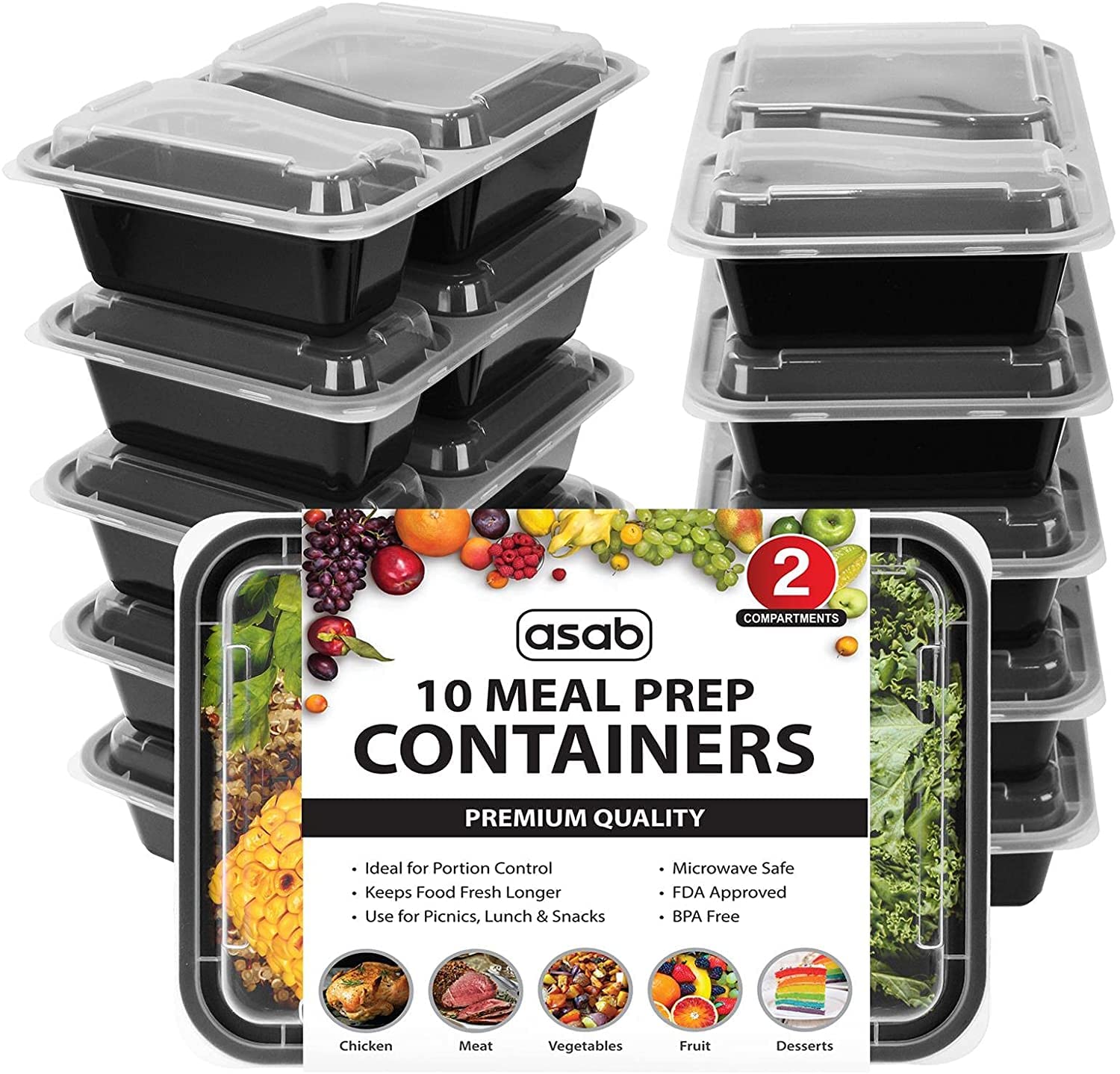 Asab Black 10 Meal Prep Containers Reusable Bpa Free Plastic Food Containers Microwave Freezer And Dishwasher Safe Reusable Meal Prep Boxes Takeaway Food Containers With Lids 2 Compartment