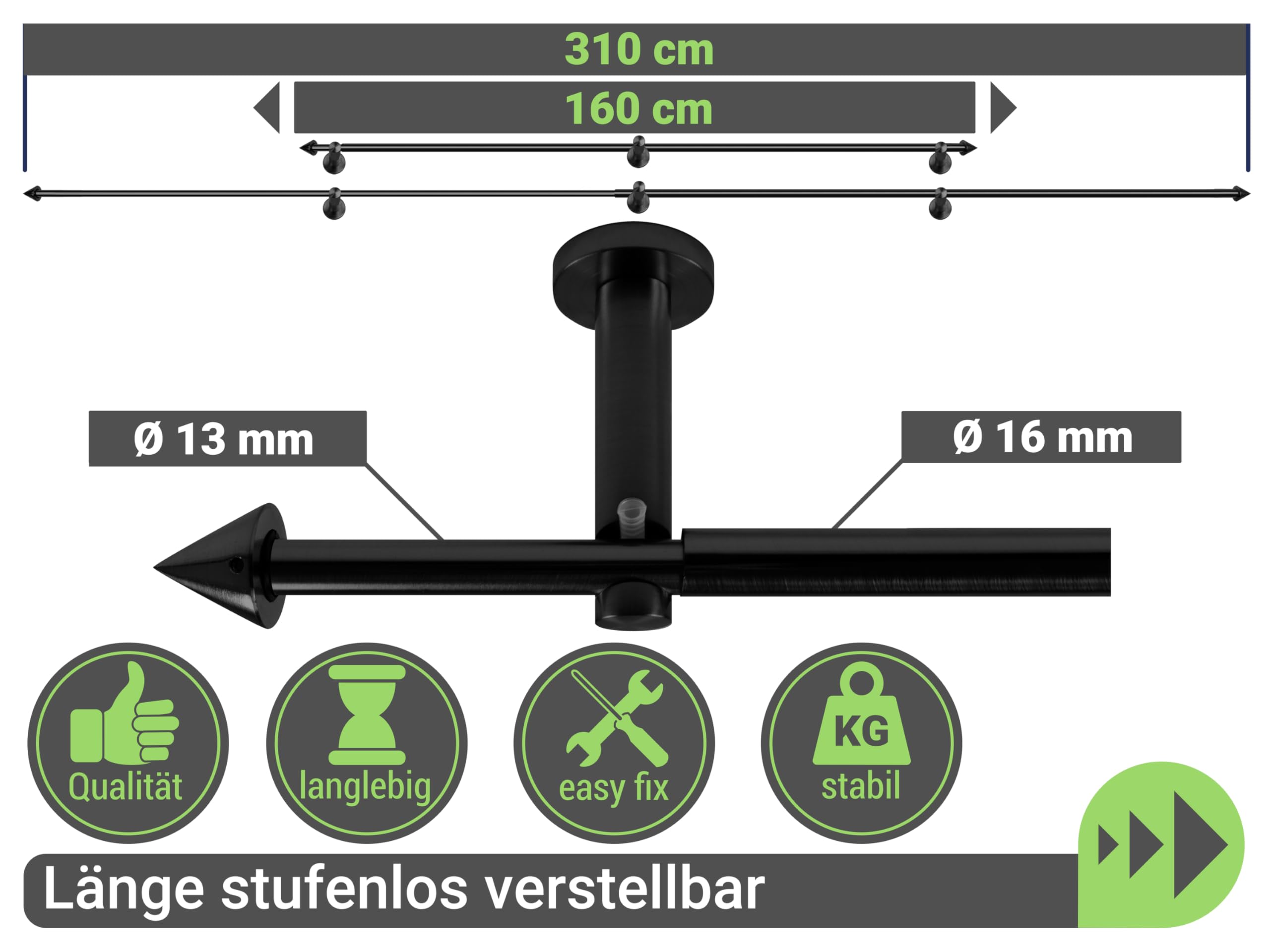 Tringle a rideaux télescopique noir 160-310 cm - Tringle rideau extensible et réglable, également utilisable comme tringle de douche - Embouts cône