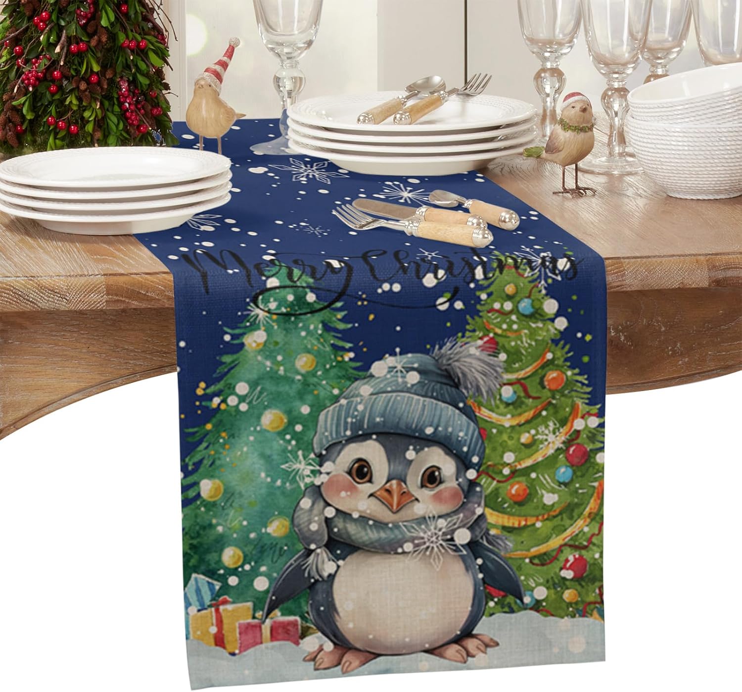 Christmas Table Runner 13x120 Inches Long Penguin Christmas Tree Runner for Table Snowflake Blue Table Runners Washable Cotton Linen Dresser Scarf for Kitchen Coffee Dining Xmas Holiday Party Decor