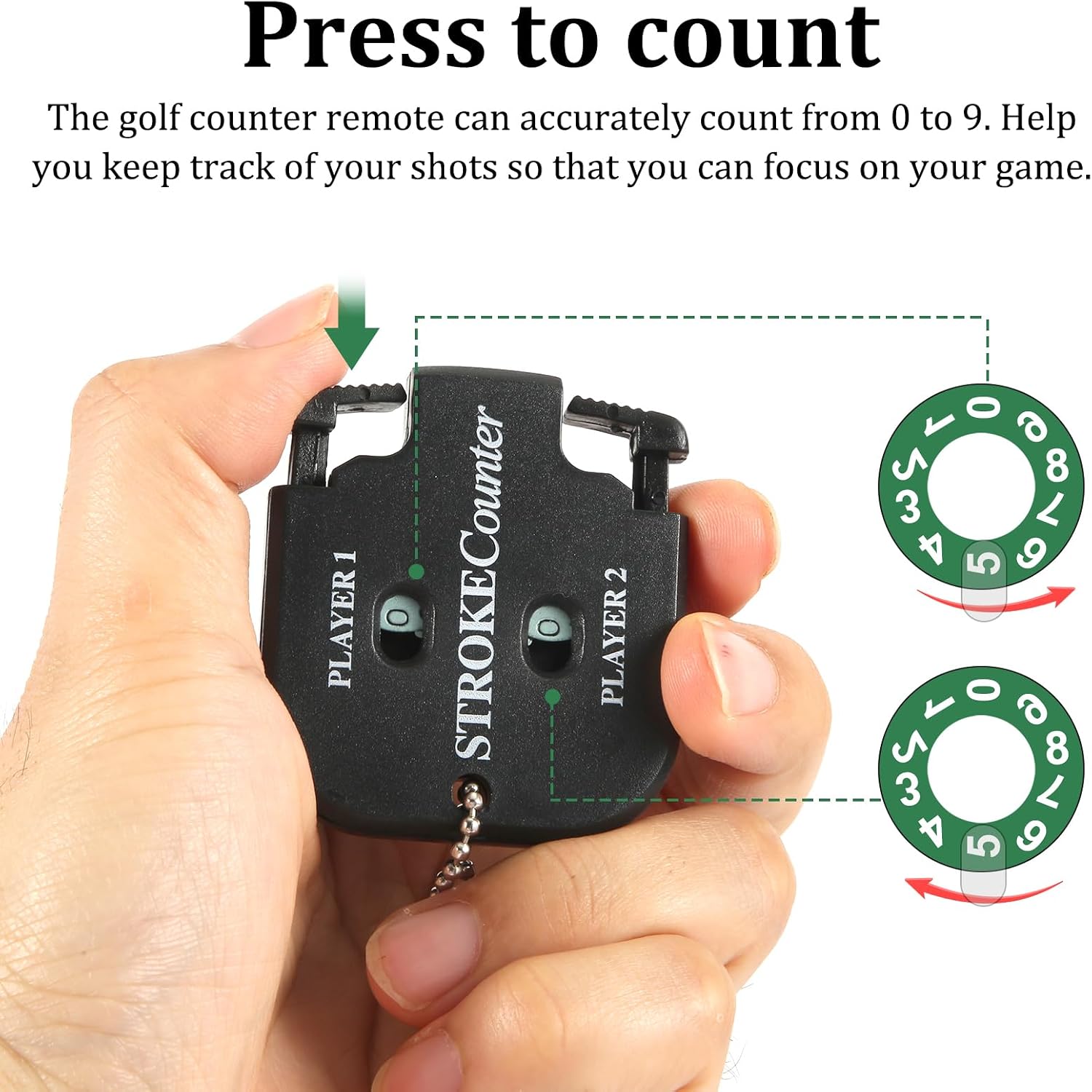 PEUTIER 2pcs Golf Stroke Counter, Mini Golf Ball Shot Clicker Counter Black Golf Score Keeper Swing Scoreboard Accessories with Dial Reset Tool Key Chain for Different Kinds of Competitions and Games