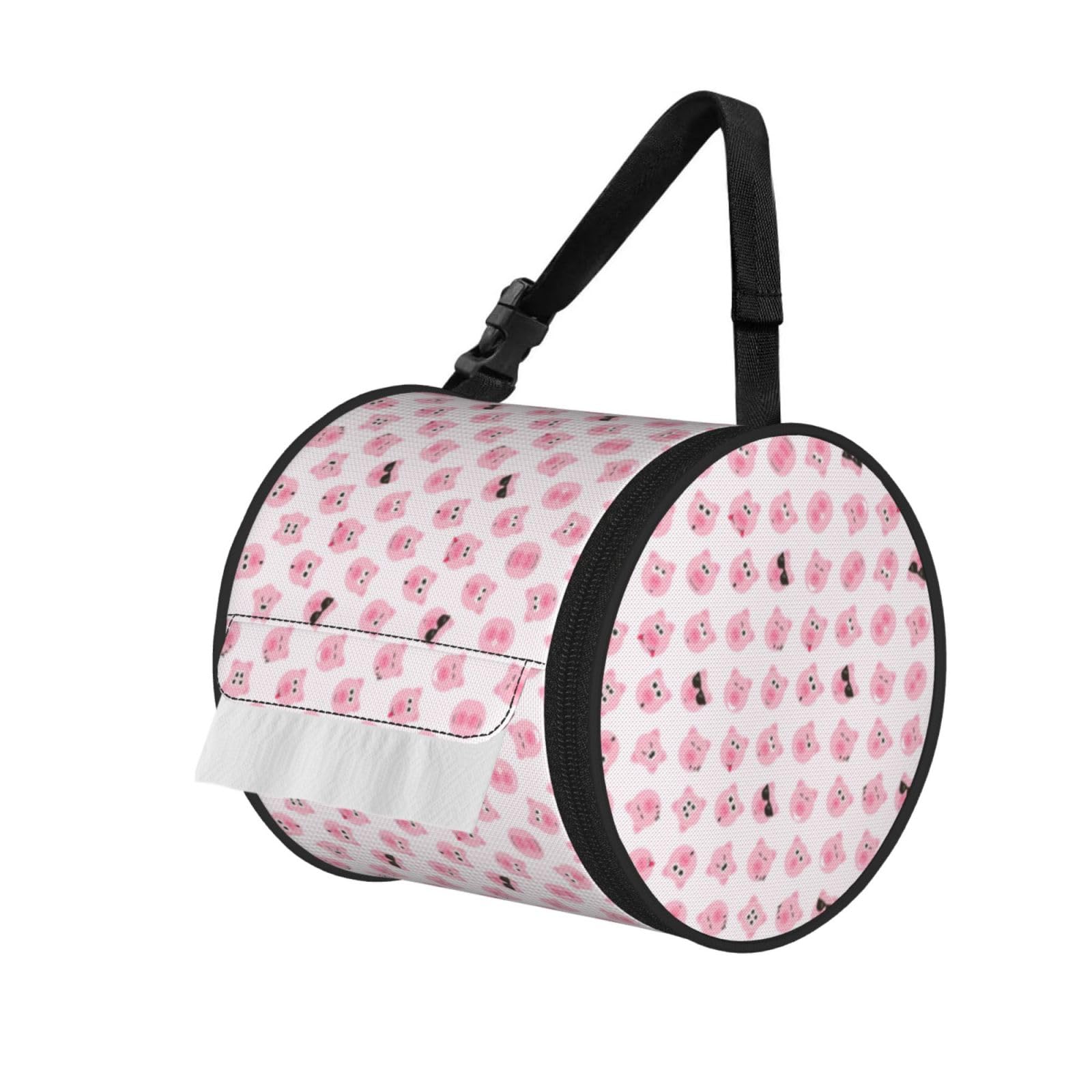 Funny Pink Pig Face Printed Roll Paper Carrier Bag, Foldable Oxford Cloth Tissue Case for Camping Hiking Backpack