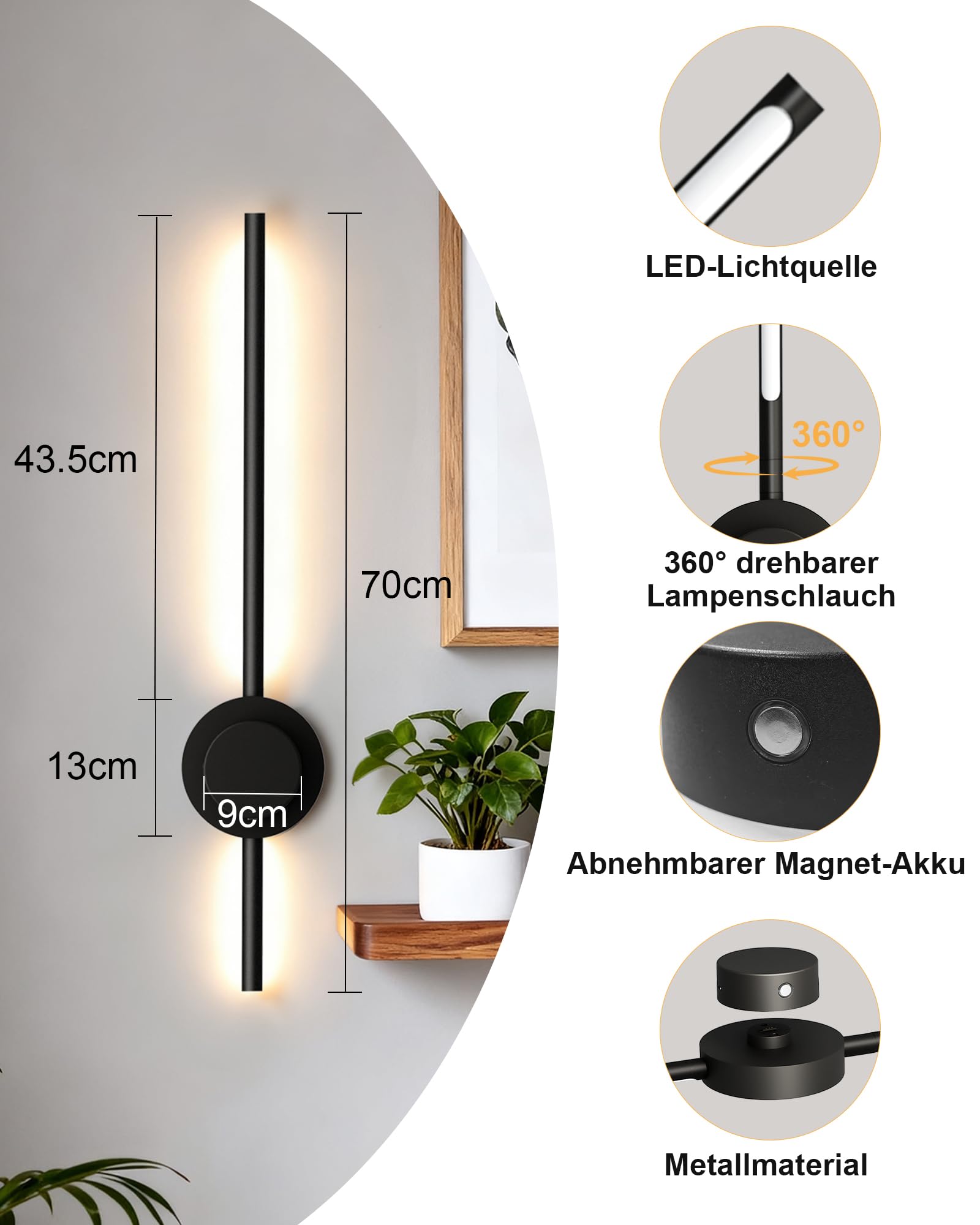 BRIMAX 2 Stück LED Akku Wandlampe Innen 70 cm Schwarz Kabellos | 3000–6500K, dimmbar, 5000mAh entnehmbarer Akku, Touch & Fernbedienung, moderne Wandleuchte für Wohnzimmer