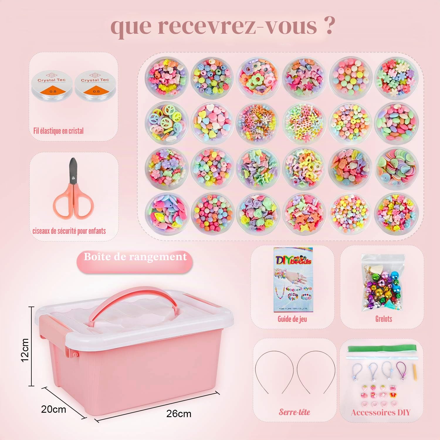 Enfants Bricolage Perles Set, 2000 Pièces Bracelet Perle pour Fabrication de Bracelets,Collier, Kit Fabrication Bijoux Jeux Bricolage pour Filles