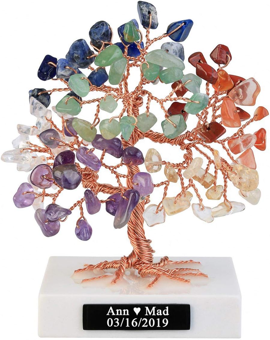 Top Plaza 7 Chakra Reiki Healing Crystals Copper Money Tree Wrapped On Marble Base Feng Shui Luck Figurine Art Decor for Home Office Living Room - Engraved