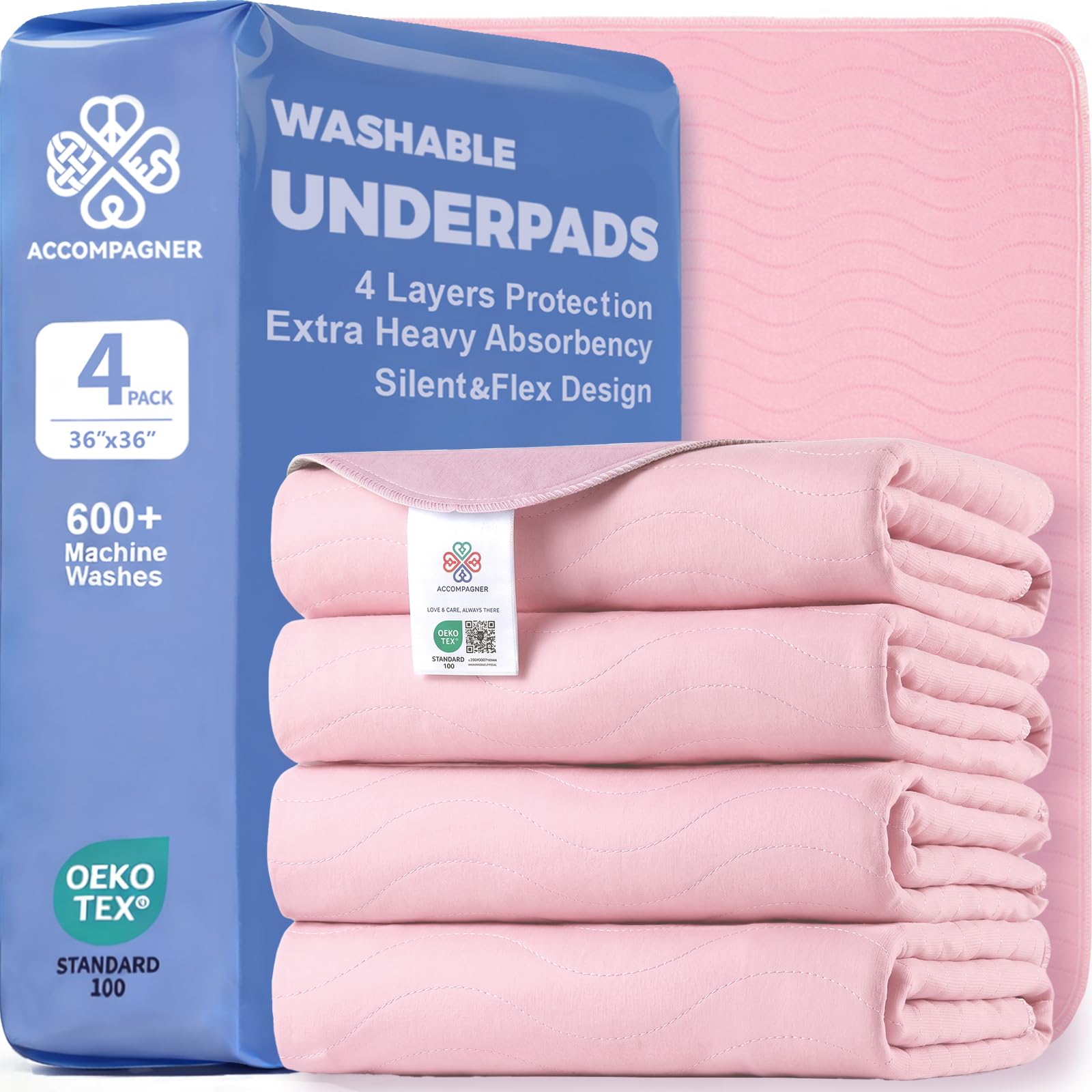Accompagner Incontinence Bed Pads Washable Waterproof Underpads 36"x36" 4pc