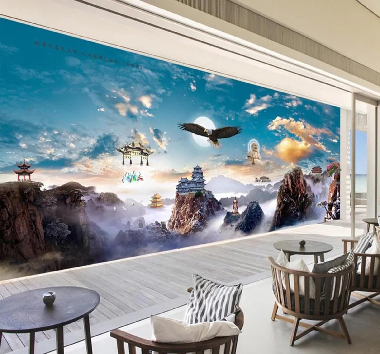 Wallpaper-3D-Xlm 350Cm×256Cm(B×H) Fantasy Three Dimensional Mountain Peaks Buddha Statues Style 3D Wallpaper Easy Install Feature Office Living Room Sofa Bedroom Tv Background Wall Decoration-350Cm×256Cm