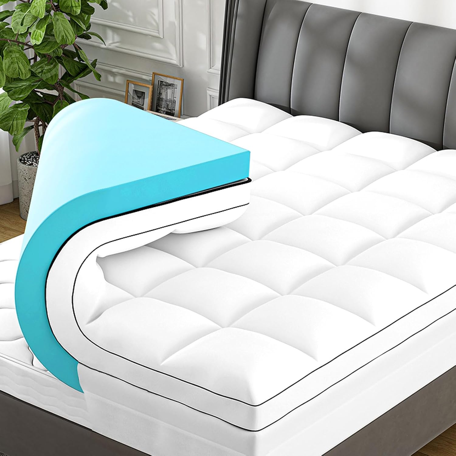 4 Inch Queen Mattress Topper Dual Layer, 2 Inch Gel Memory Foam Plus 2 Inch Cooling Pillow Top Mattress Pad Cover for Back Pain, with 8-21 Inch Deep Pocket White Queen
