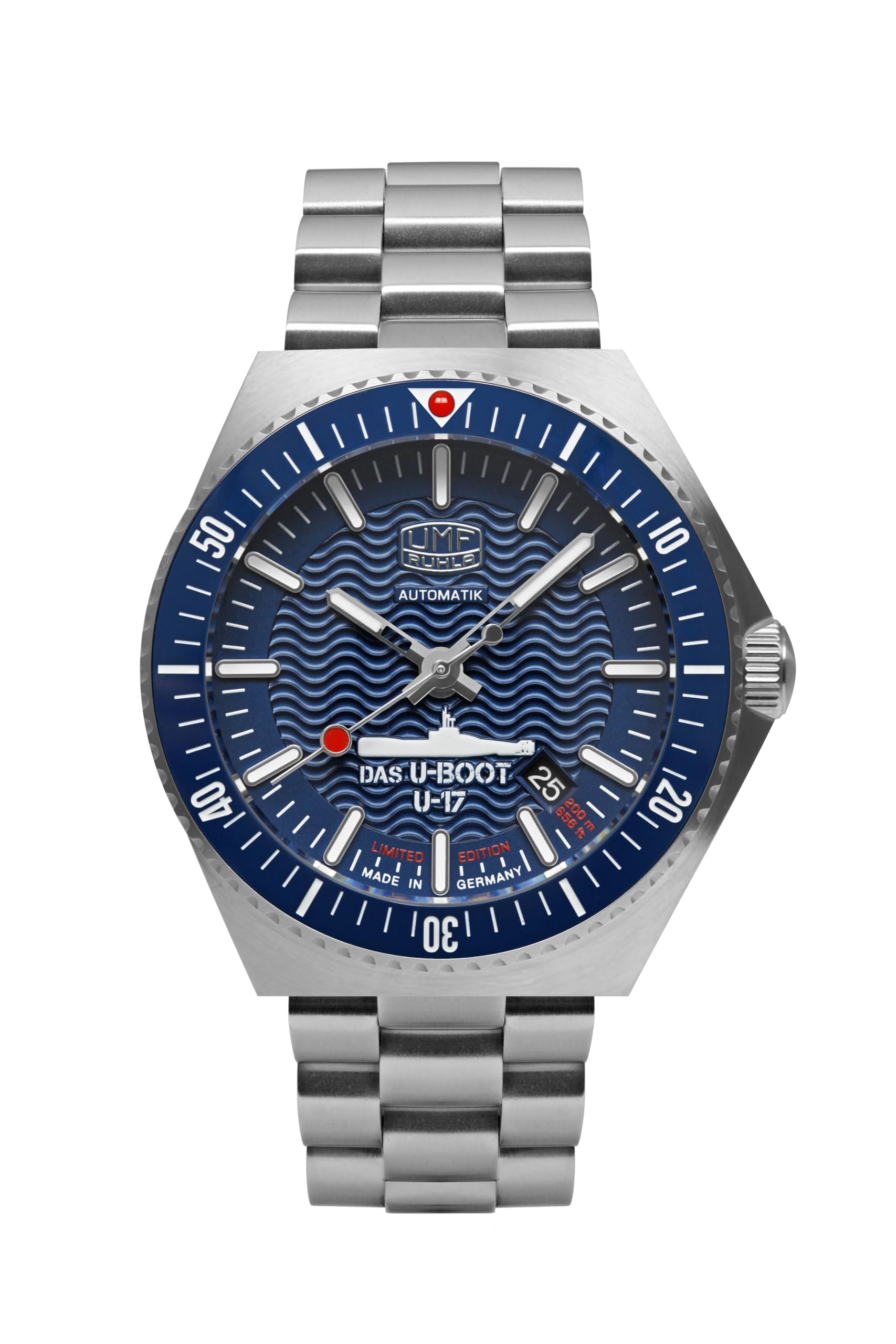UMF RUHLA 1930M-3 Automatikuhr | U-17 Limited Edition | Saphirglas | Automatikwerk NH35A | Edelstahl Taucheruhr mit Keramiklünette | Blaues Zifferblatt | Made in Germany