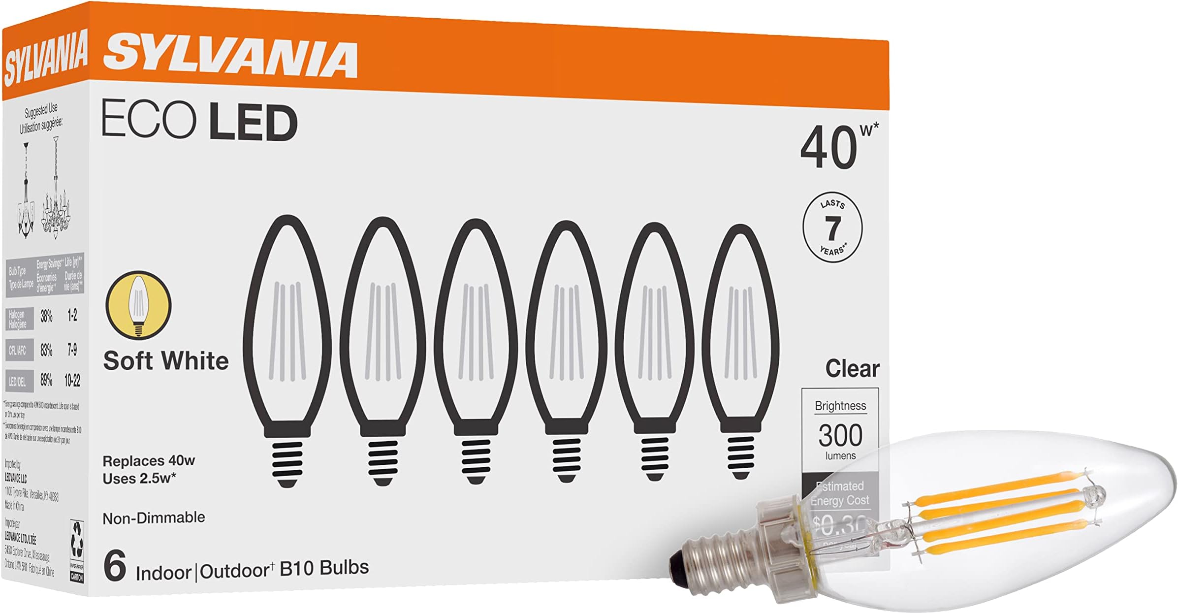 LEDVANCE SYLVANIA 40878 LED B10 40W Equivalent, Efficient 4.5W, Soft White Color Temperature 2700K, 6 Pack