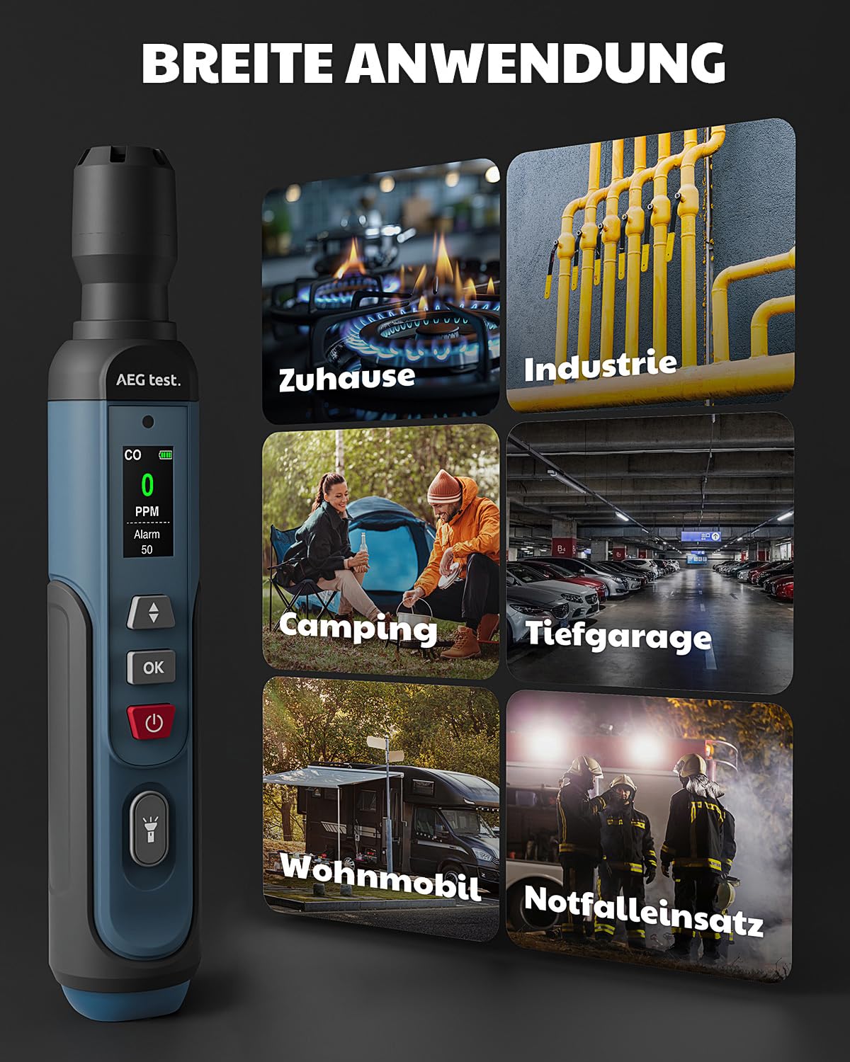 AGT-2459 Tragbarer Kohlenmonoxid-Detektor, wiederaufladbar, 0~1000PPM, mit akustischem und visuellem Alarm, TFT-Farbdisplay – für Zuhause, Reisen, Industrie und Mobile Einsätze – Blau