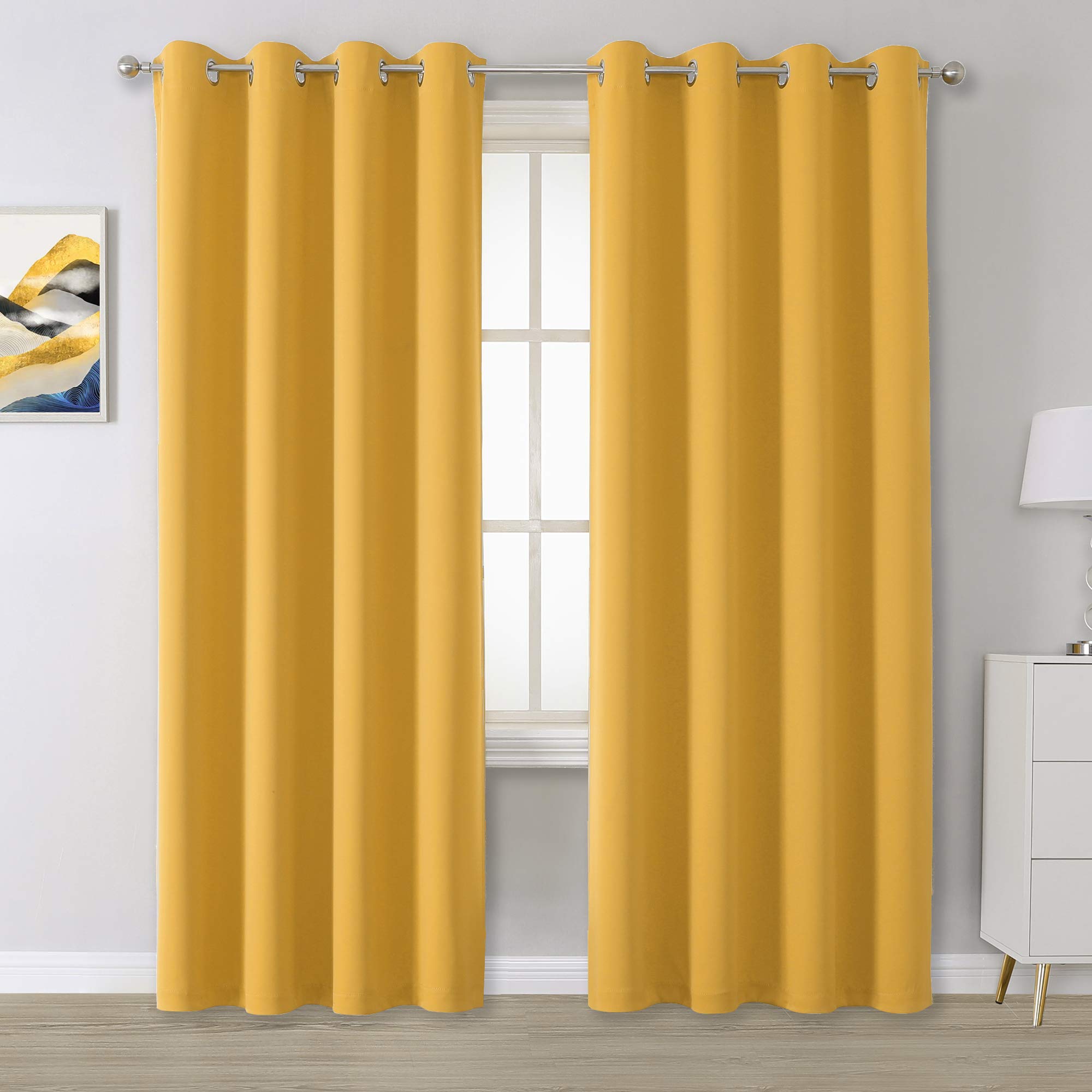 DUALIFE Yellow Curtains 84 Inches Long Blackout Curtain Panels for Bedroom Room Darkening Gold Solid Window Drapes for Living Room Thermal Insulated