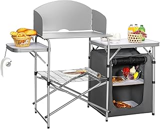 COSTWAY Mueble Cocina Camping, 3 Mesas, 4 Armarios, Mesa Portátil para Barbacoa, Armario Cocina Camping, Bolsa de Transporte, Fiesta Picnic Exterior, 146 x 45 x 110 cm