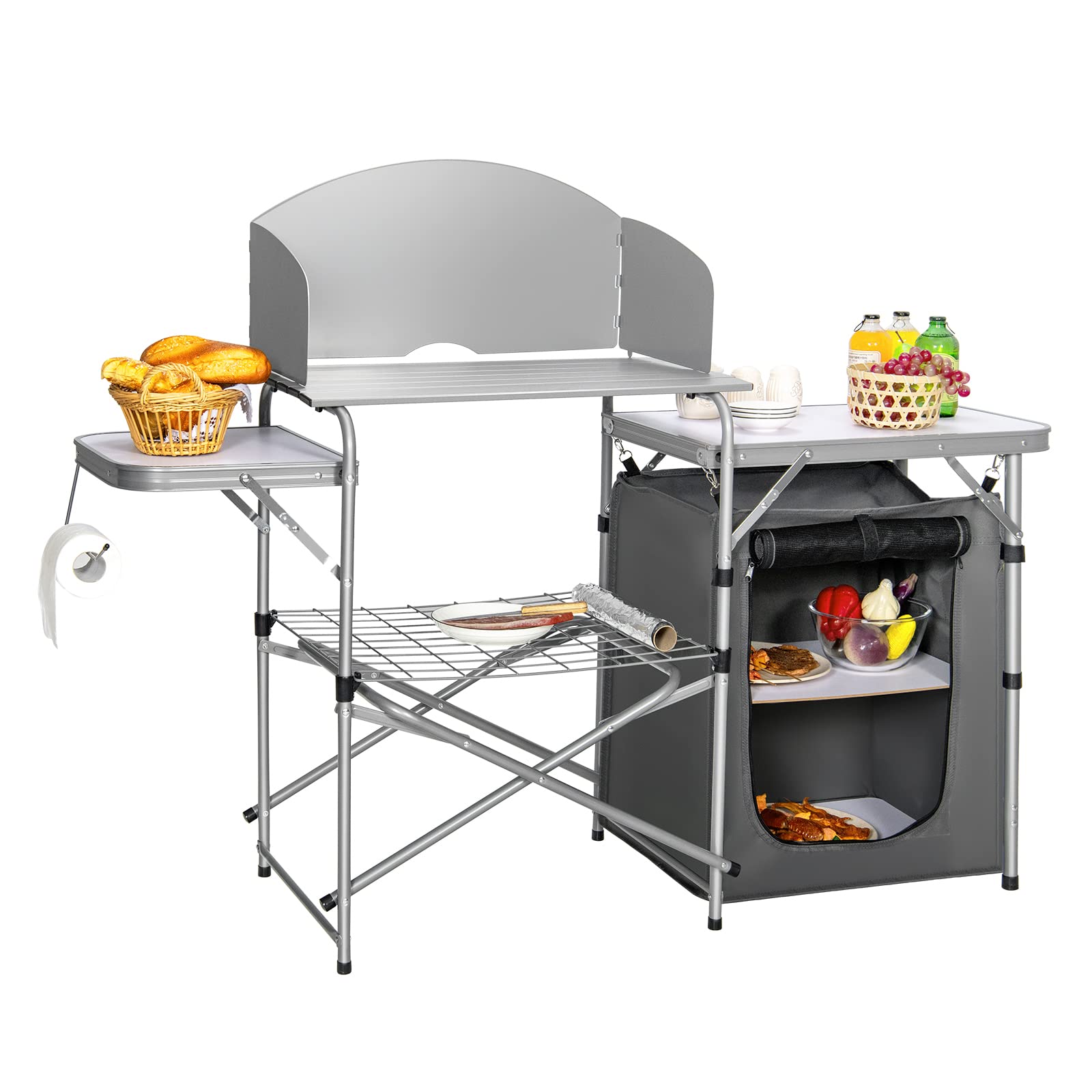 COSTWAY Składana szafka kempingowa, kuchenka kempingowa z osłoną przeciwwietrzną i torbą do przechowywania, przenośna składana szafka kempingowa z aluminiową ramą, kuchnia podróżna na świeżym