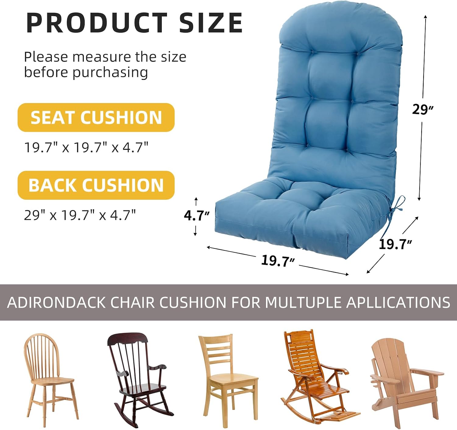 adirondack chair cushion, 48" x 19.7" x 4.7" rocking chair cushion, uv-protect & water-repellent thickened high back patio chair cushion for indoor/outdoor, light blue, 2 counts