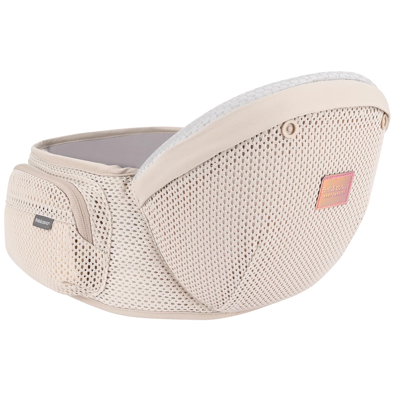 Bebamour Mochila portabebés para recién nacidos y niños pequeños, asiento para la cadera de 0 a 36 meses con capucha, 3 protectores para mordeduras, extensión para la cadera,tejido de malla dorado