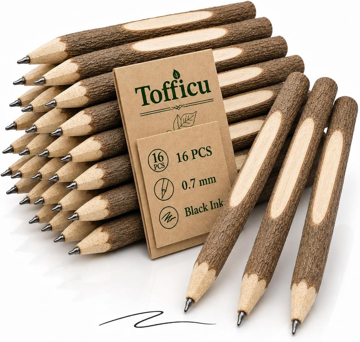 Tofficu 16PCS Wooden Ballpoint Pens, Natural Twig Bark Pen 0.7mm Black Ink