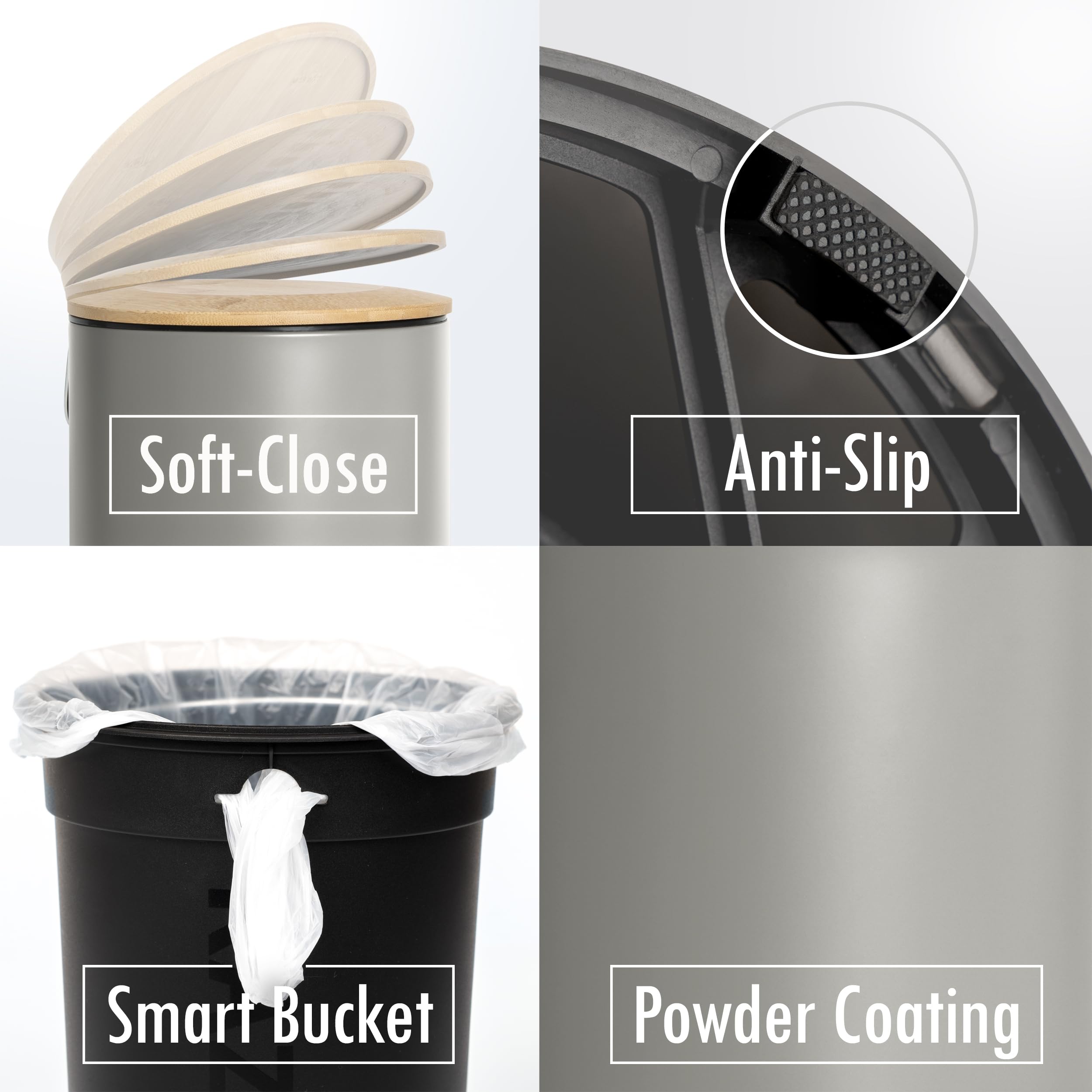 Cestino Bagno In Bambù 3 Litri - Chiusura Silenziosa E Antiscivolo - Foto 9